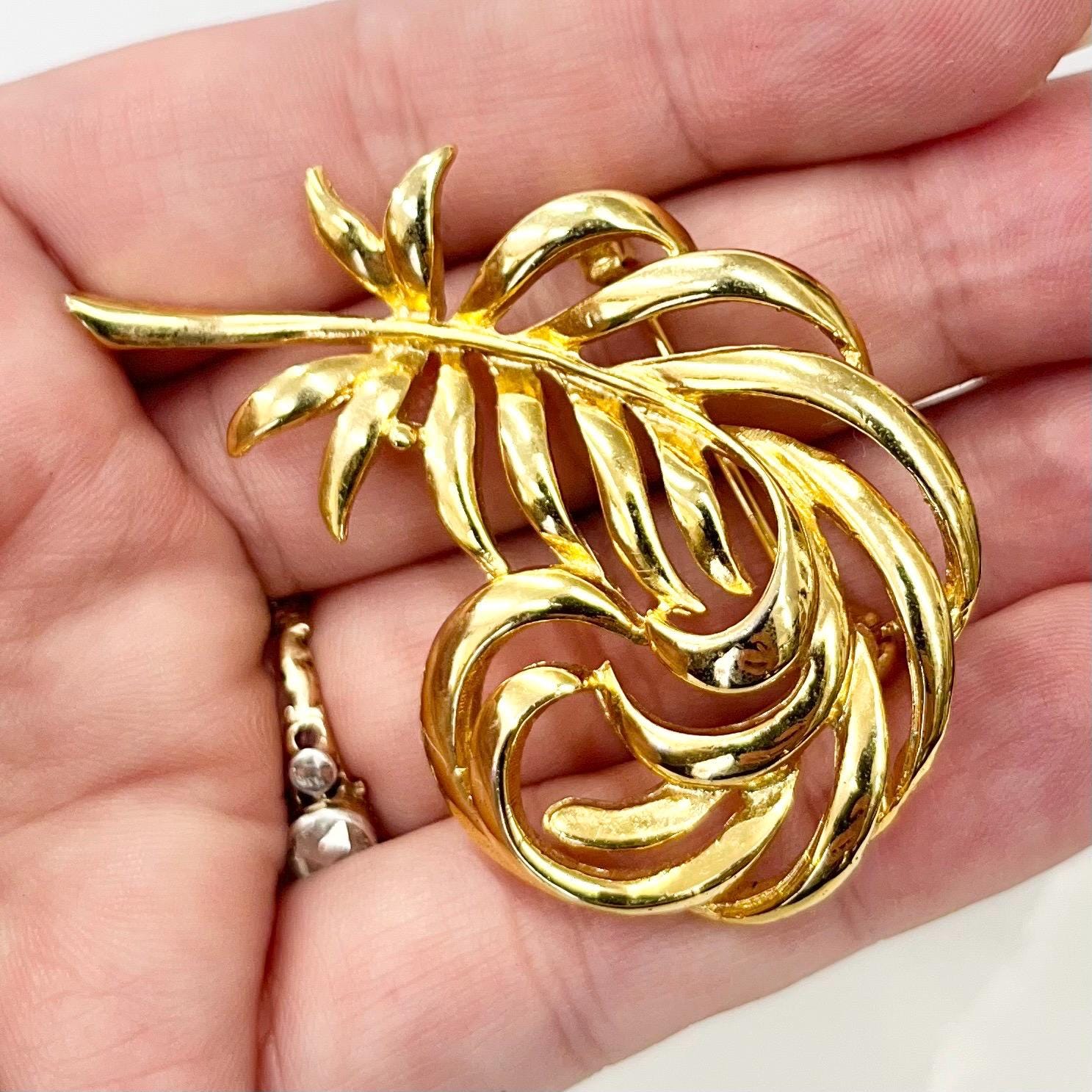 Vintage Gold Plated Scrolled Leaf Brooch Contempory Costume Jewellery Statement Piece MillyOliverVintage