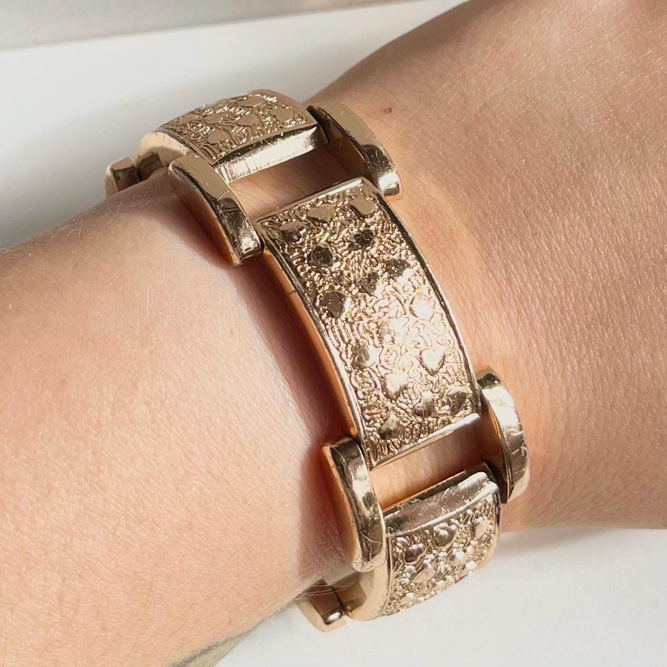 Vintage Globus 1970’s 1980’s Rose Gold Tone Heart Embossed Wide Link Bracelet MillyOliverVintage