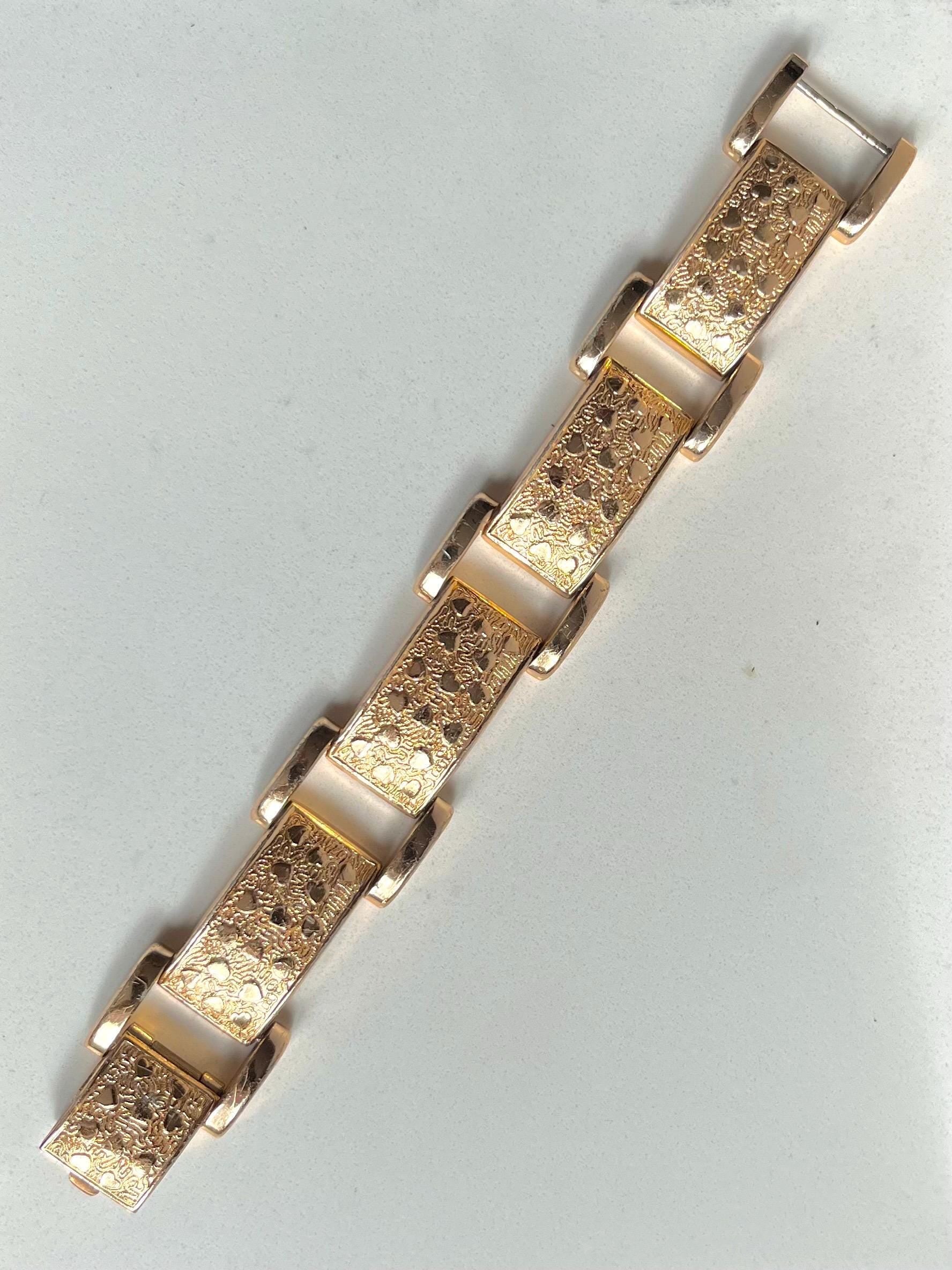 Vintage Globus 1970’s 1980’s Rose Gold Tone Heart Embossed Wide Link Bracelet MillyOliverVintage