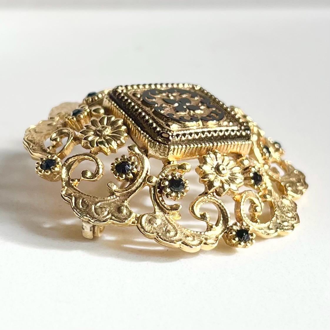 Vintage Sphinx Gold Tone Victorian Style Domed Brooch with Black Accents Costume Jewellery Statement Piece MillyOliverVintage