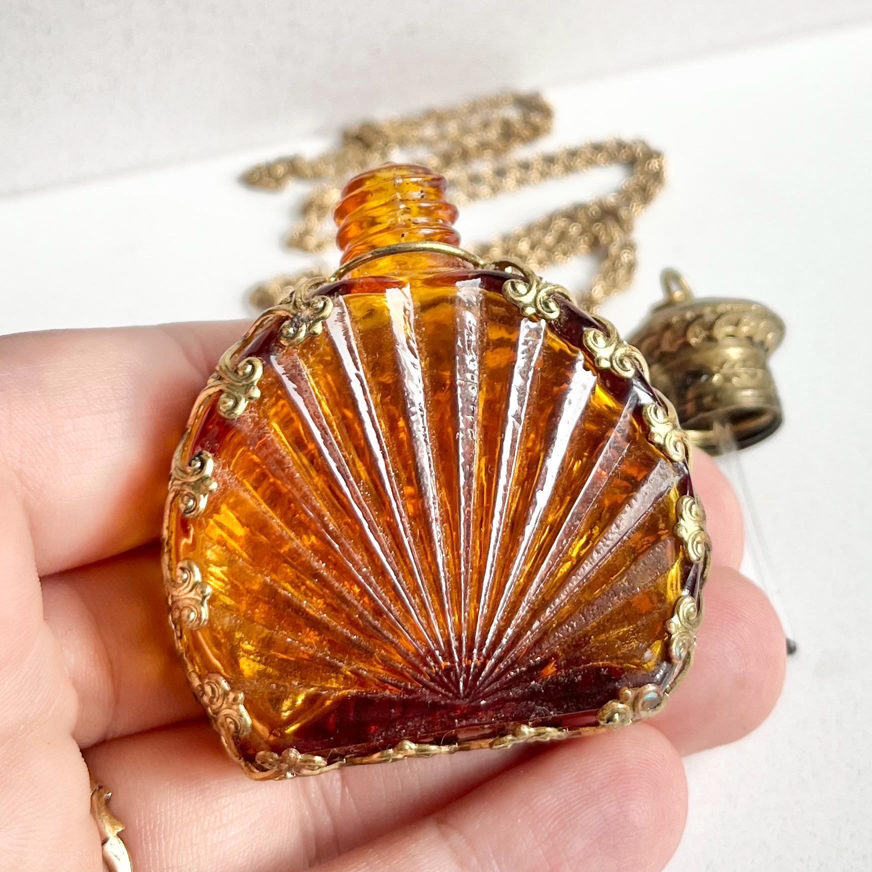 Vintage 1920’s 1930’s Czech Amber Glass & Filigree Brass Stamping Scent Bottle Pendant Necklace with Crystals Accents MillyOliverVintage