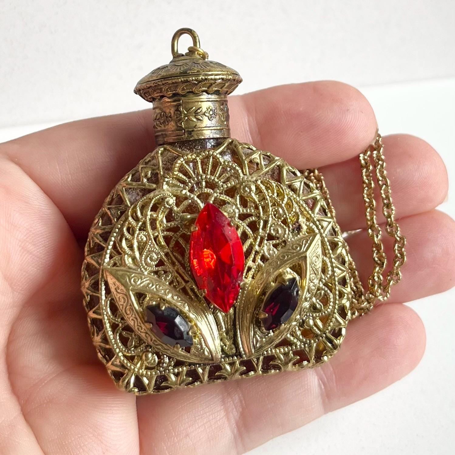 Vintage 1920’s 1930’s Czech Amber Glass & Filigree Brass Stamping Scent Bottle Pendant Necklace with Crystals Accents MillyOliverVintage