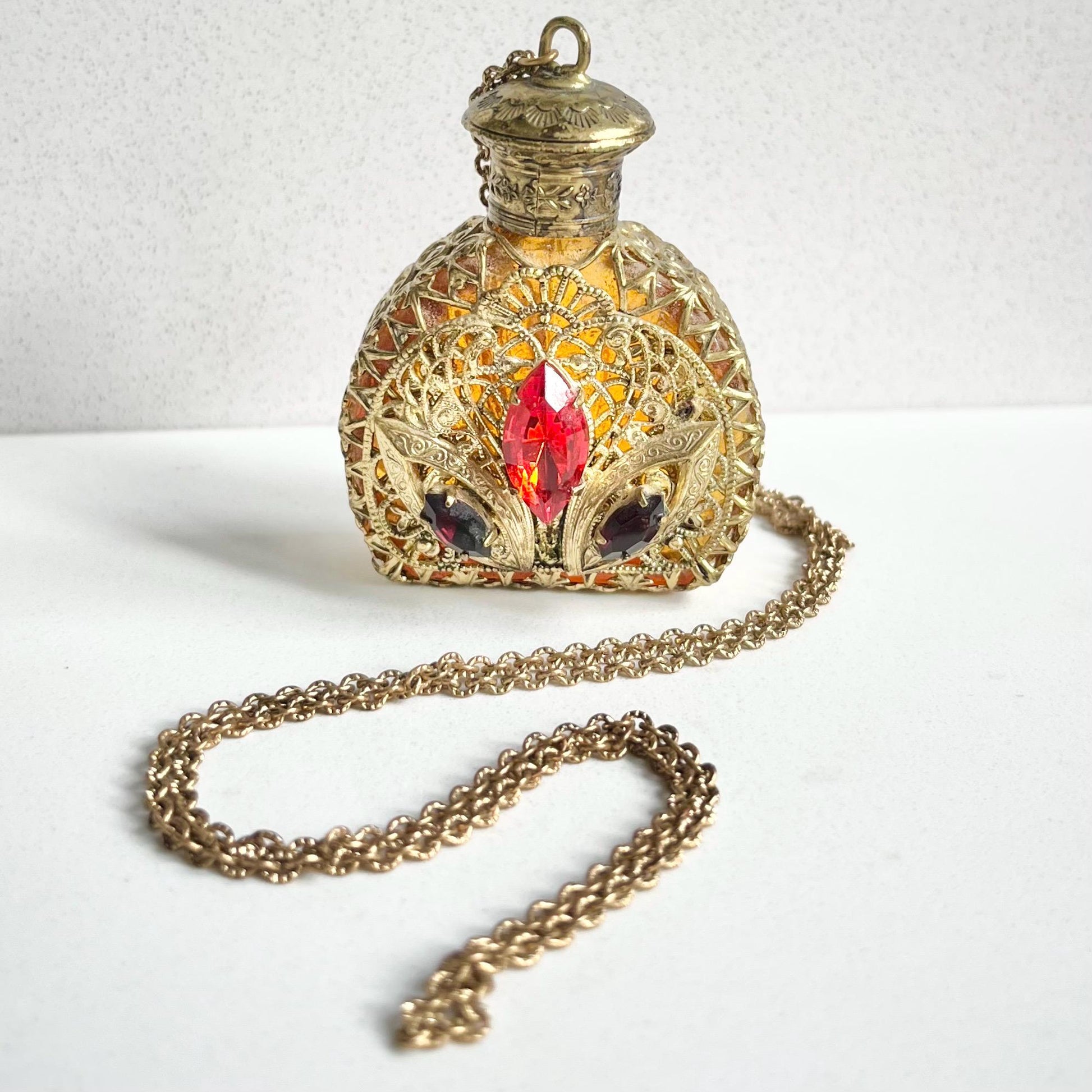 Vintage 1920’s 1930’s Czech Amber Glass & Filigree Brass Stamping Scent Bottle Pendant Necklace with Crystals Accents MillyOliverVintage