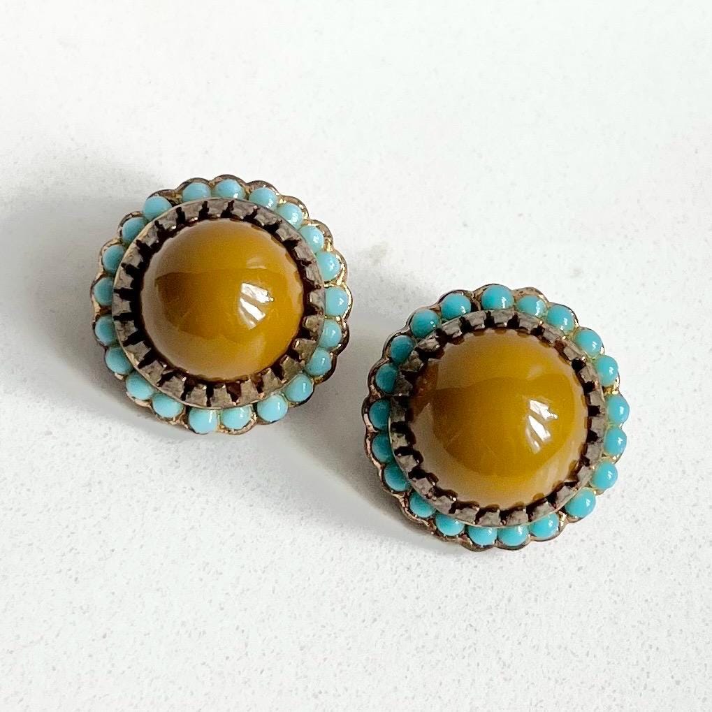 Rare Antique Butterscotch Amber Bakelite Clip on Earrings with a Turquoise Halo Made In Italy 1910-1920’s MillyOliverVintage