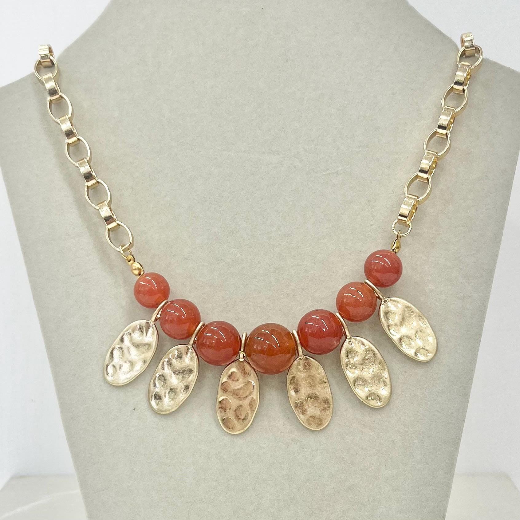 Orange Carnelian Glass Uranium Glass Gold Plated Chain Necklace UV Reactive Glow MillyOliverVintage