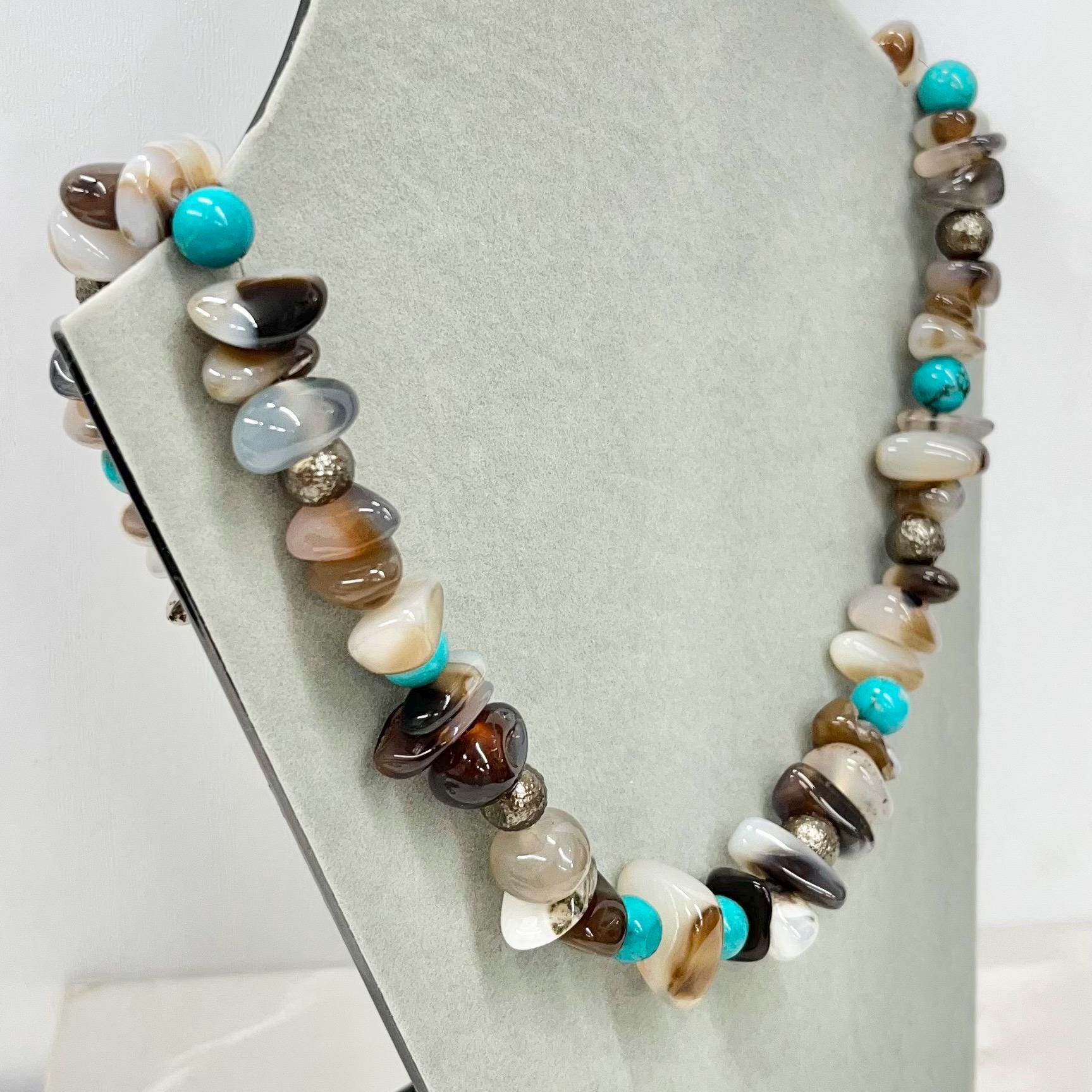 MHandmade Semi Precious Polished Agate Gemstone Beaded Necklace with Turquoise Accents 20” Long MillyOliverVintage
