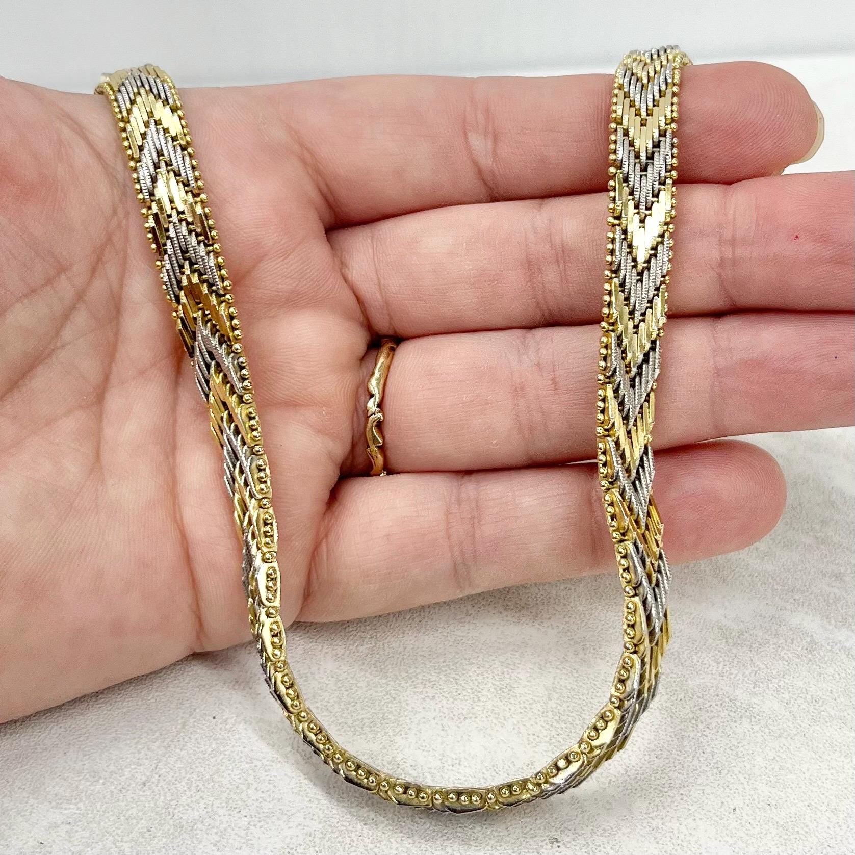 Vintage 16.5” Two Tone Gold & Silver Plate Herringbone Flat Chain Necklace 1970’s - 1980’s Excellent Quality MillyOliverVintage
