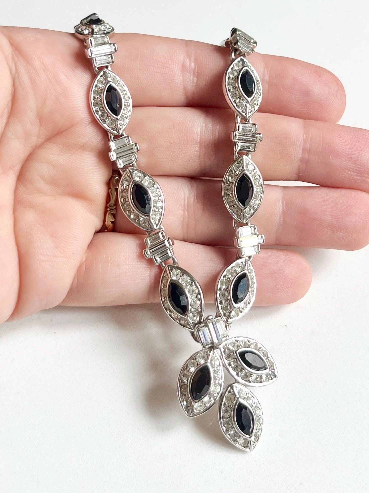 Stunning Vintage Attwood & Sawyer Silver Plate Clear and Black Crystal Paste Diamante Drop Necklace Art Deco Style 17” MillyOliverVintage