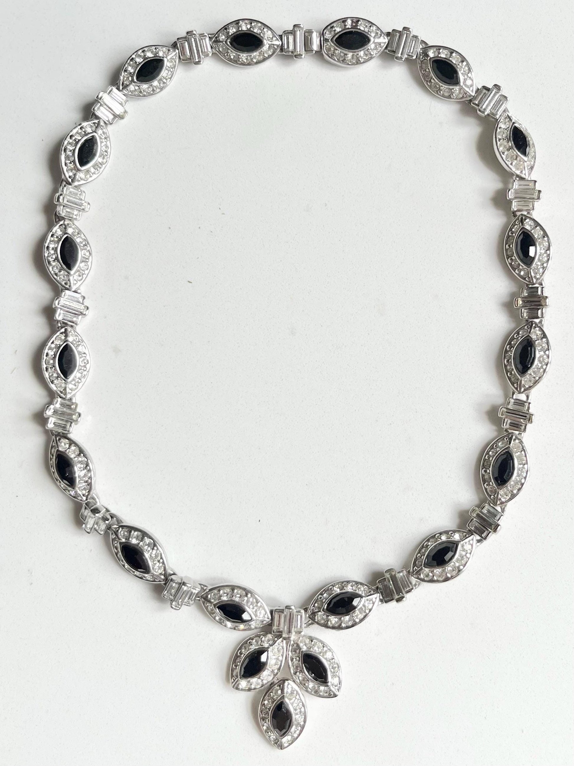 Stunning Vintage Attwood & Sawyer Silver Plate Clear and Black Crystal Paste Diamante Drop Necklace Art Deco Style 17” MillyOliverVintage