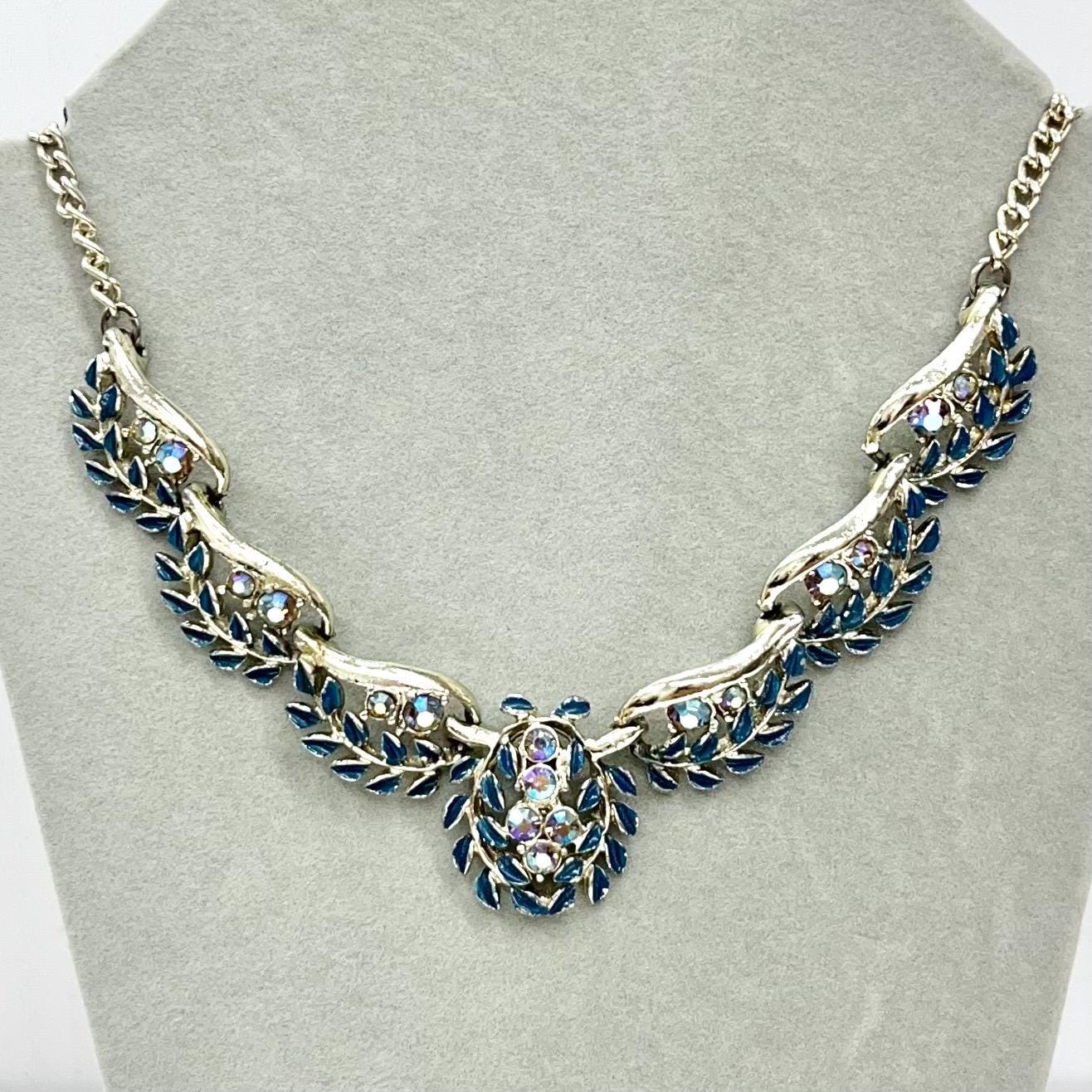 Vintage Exquisite Blue Floral & Leaf Diamante Crystal Necklace - Silver Tone Enamel, 1970s MillyOliverVintage