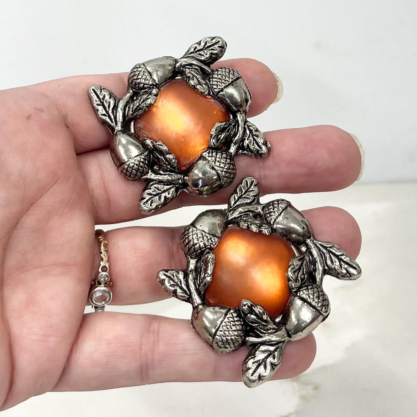 Vintage Atumnal Silver Tone Large Oversized Faux Amber Acorn Clip On Earrings 1970’s - 1980’s MillyOliverVintage