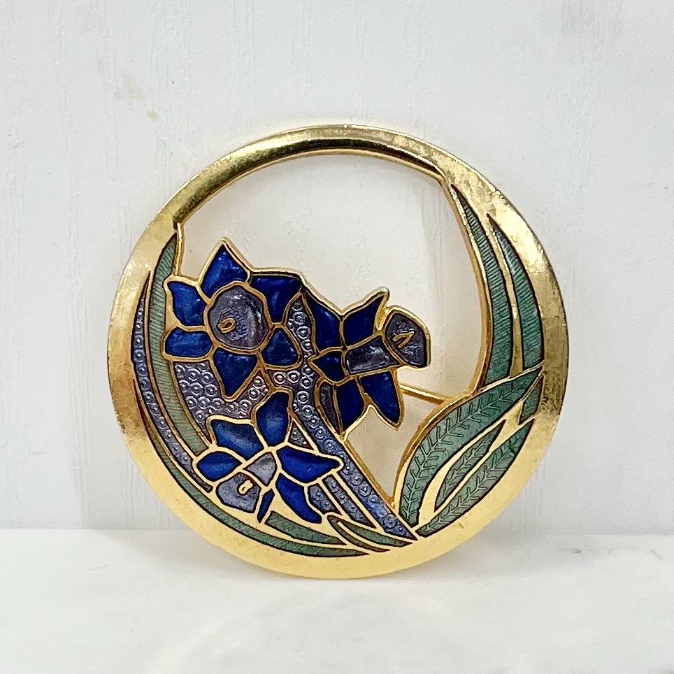 Vintage Gold Tone Cloisonne Enamel Floral Bluebell Brooch MillyOliverVintage