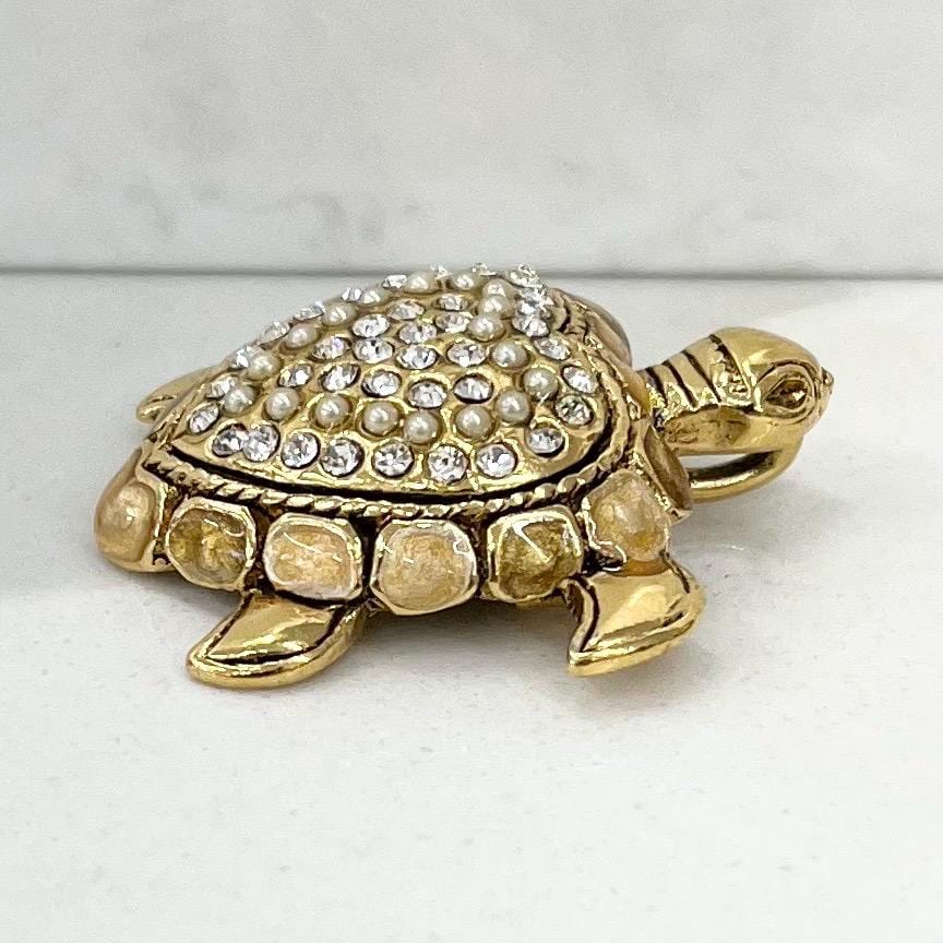 Vintage Gold Plated Turtle Brooch / Pendant with Faux Pearls & Diamante Crystals MillyOliverVintage