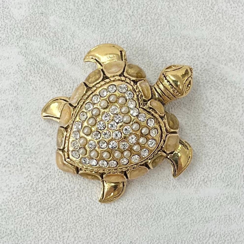 Vintage Gold Plated Turtle Brooch / Pendant with Faux Pearls & Diamante Crystals MillyOliverVintage