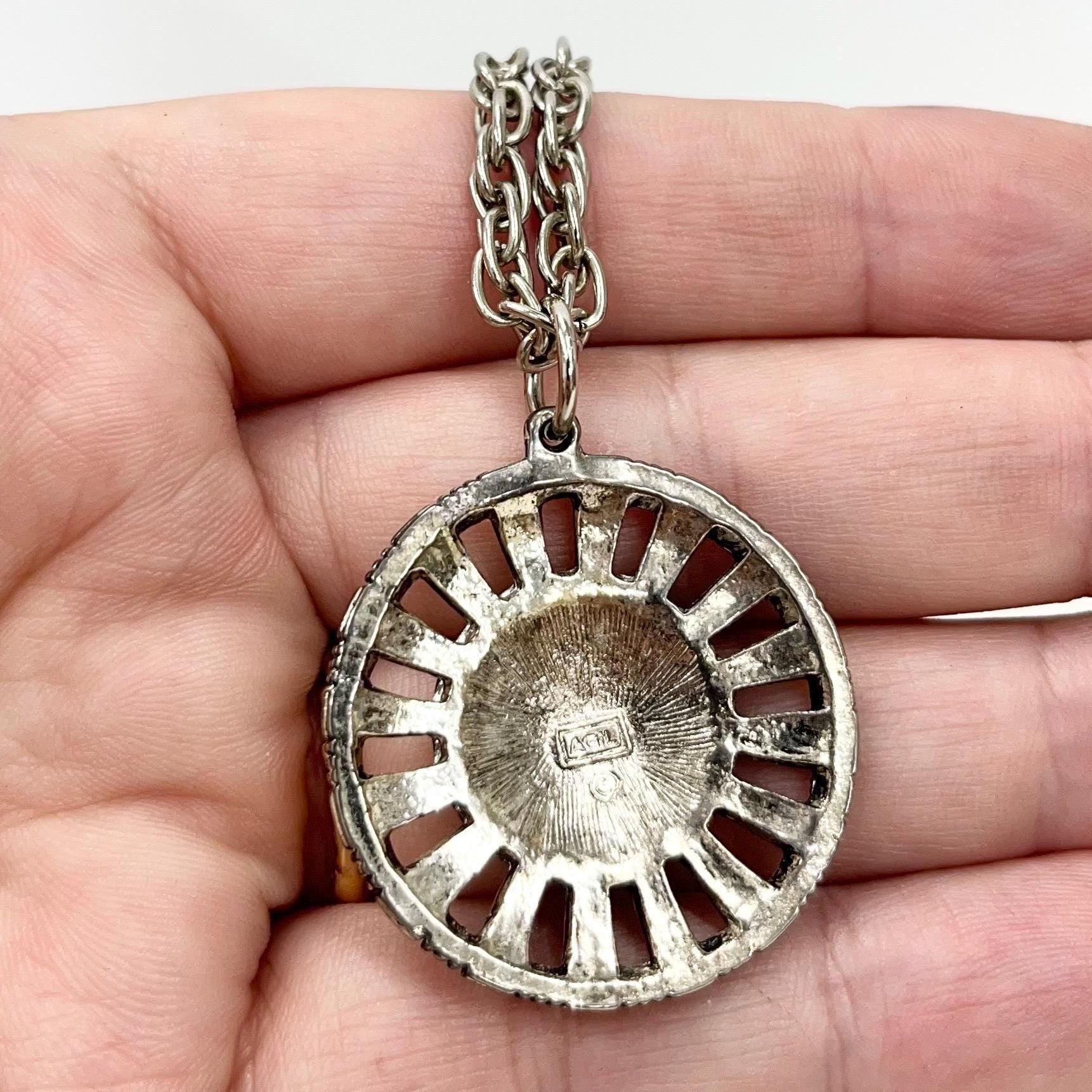 Vintage Aztec Style Pendant and Silver Tone 36” Chain MillyOliverVintage