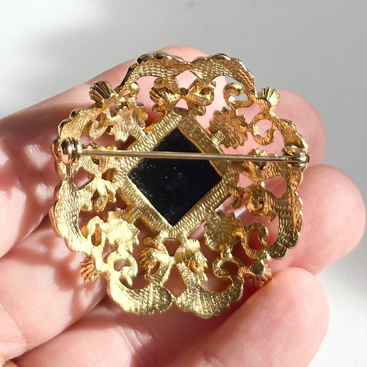Vintage Sphinx Gold Tone Victorian Style Domed Brooch with Black Accents Costume Jewellery Statement Piece MillyOliverVintage