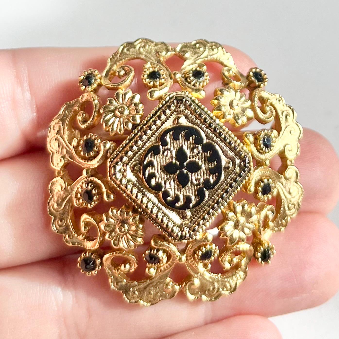 Vintage Sphinx Gold Tone Victorian Style Domed Brooch with Black Accents Costume Jewellery Statement Piece MillyOliverVintage