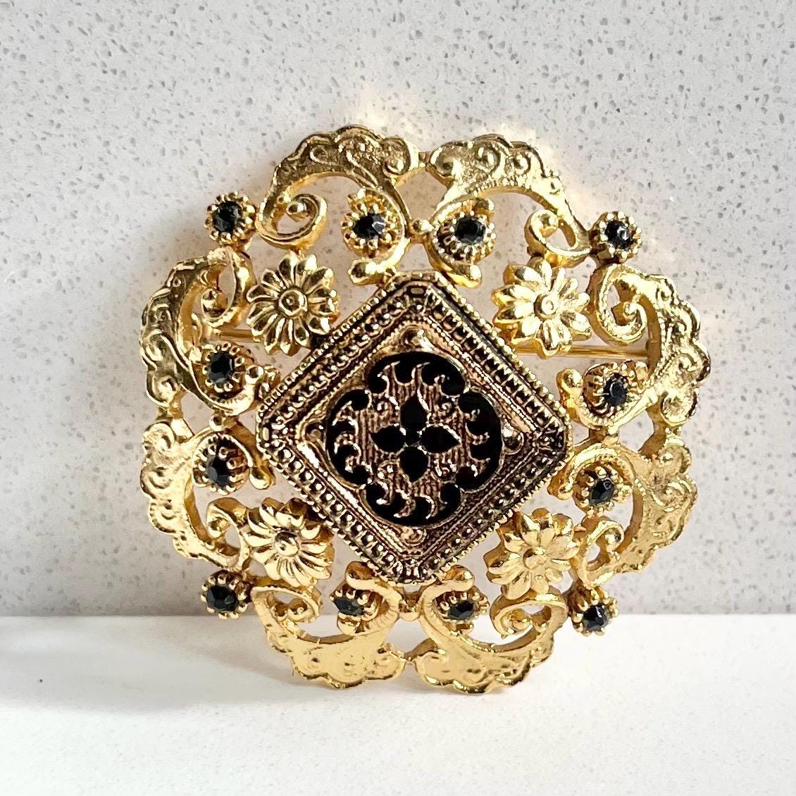 Vintage Sphinx Gold Tone Victorian Style Domed Brooch with Black Accents Costume Jewellery Statement Piece MillyOliverVintage