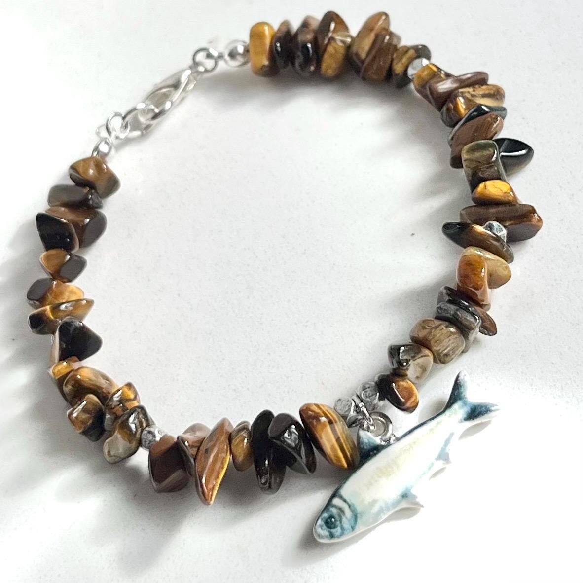 Fish & Chips Silver Plate Tigers Eye Bead Charm Bracelet - Milly Oliver MillyOliverVintage