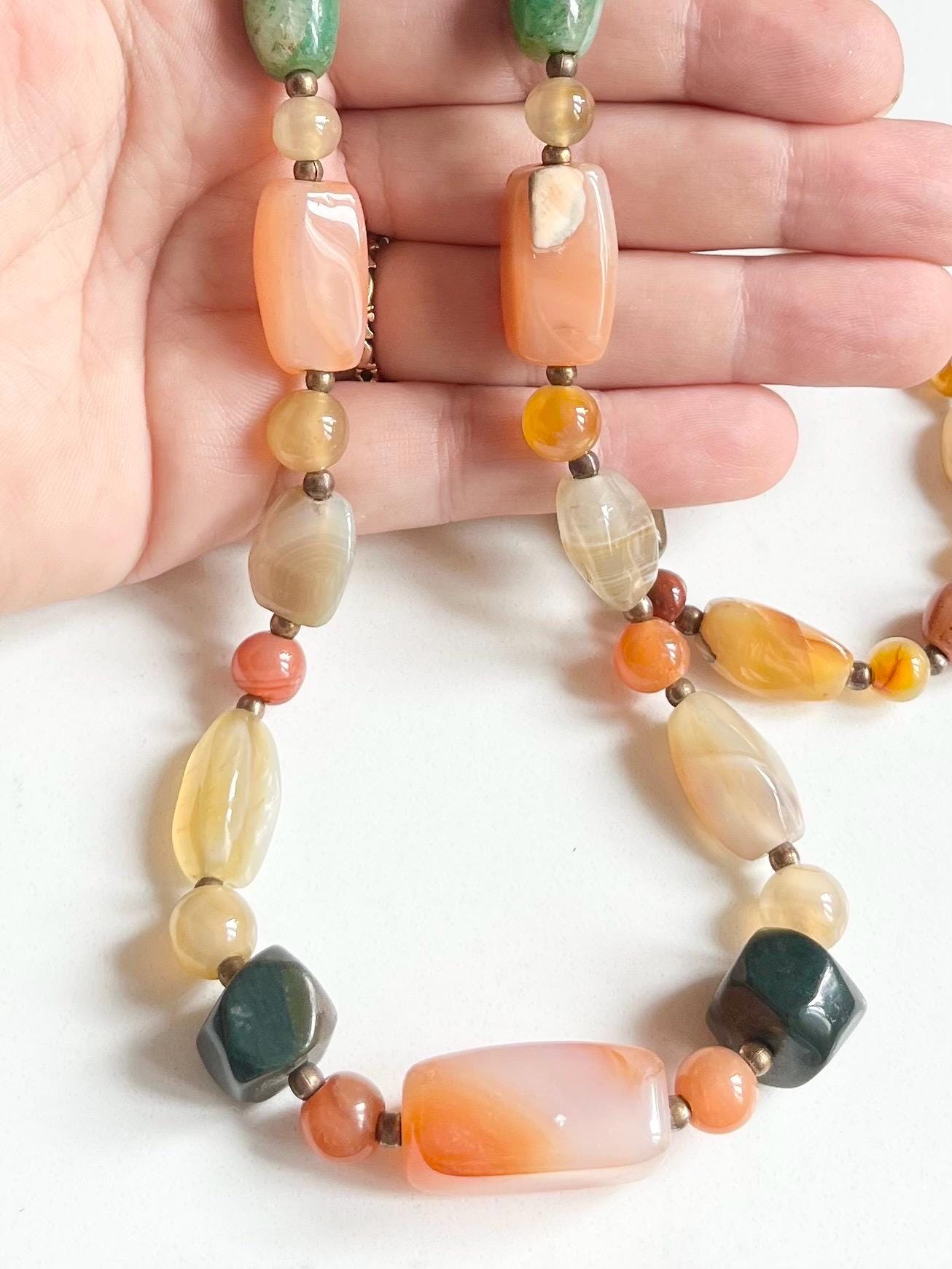 Vintage Chunky Semi Precious Polished Agate Multi Gemstone Beaded Necklace 29” Long MillyOliverVintage