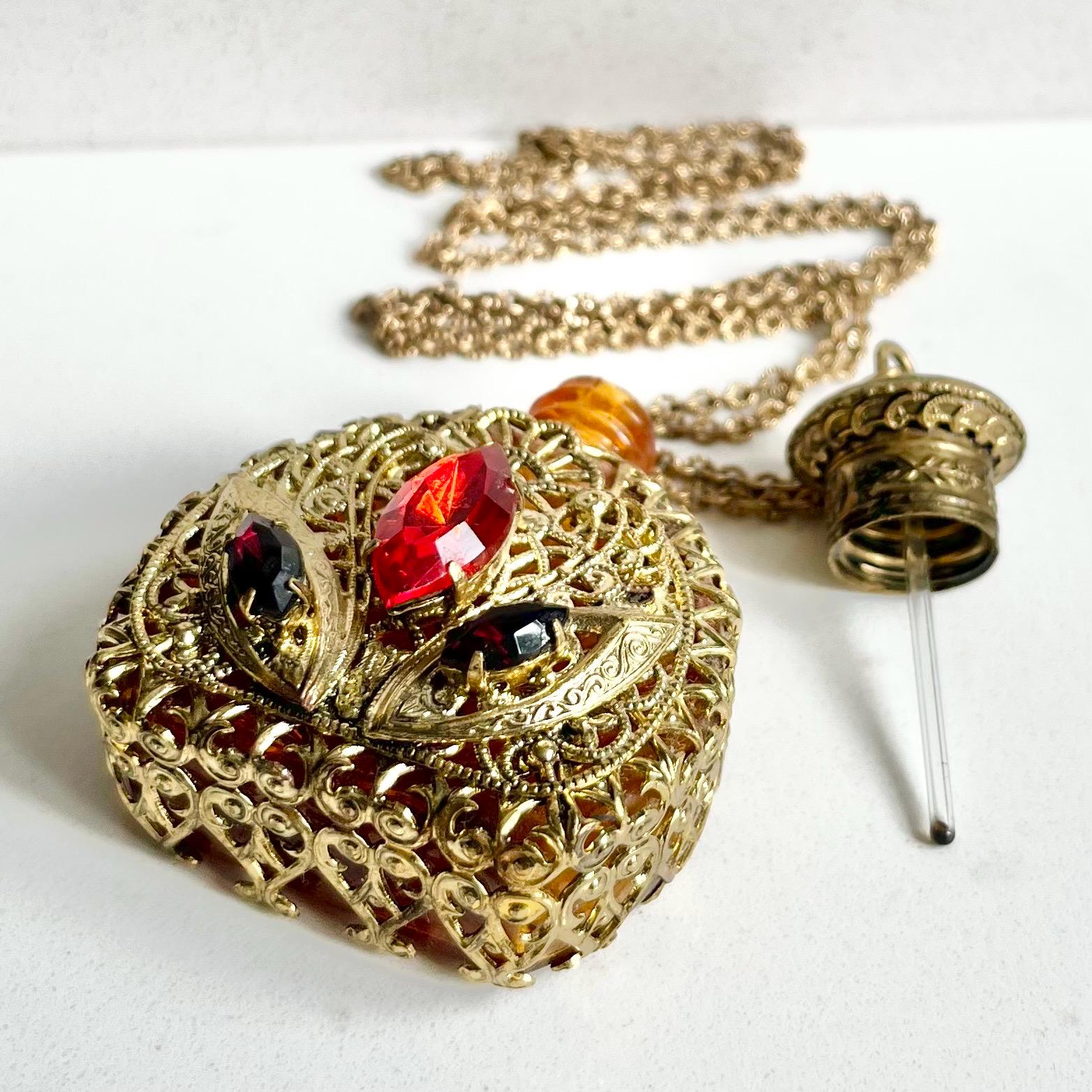 Vintage 1920’s 1930’s Czech Amber Glass & Filigree Brass Stamping Scent Bottle Pendant Necklace with Crystals Accents MillyOliverVintage