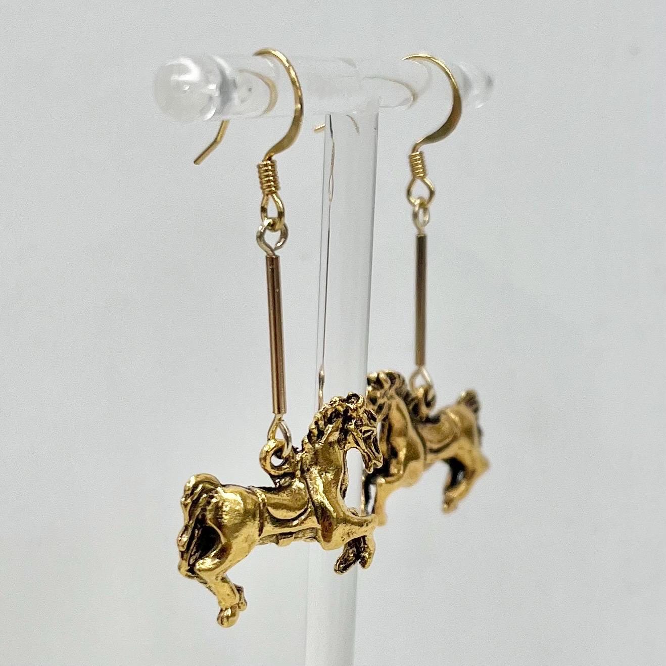Gold Plate Merry Go Round Galloping Horse Drop Earrings Handmade MillyOliverVintage