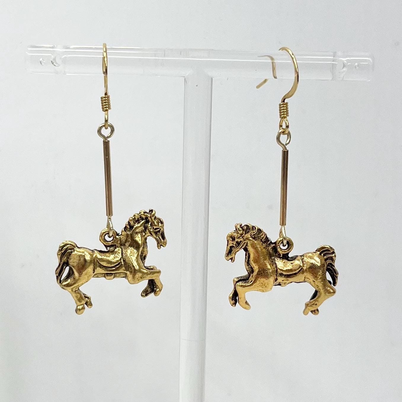 Gold Plate Merry Go Round Galloping Horse Drop Earrings Handmade MillyOliverVintage