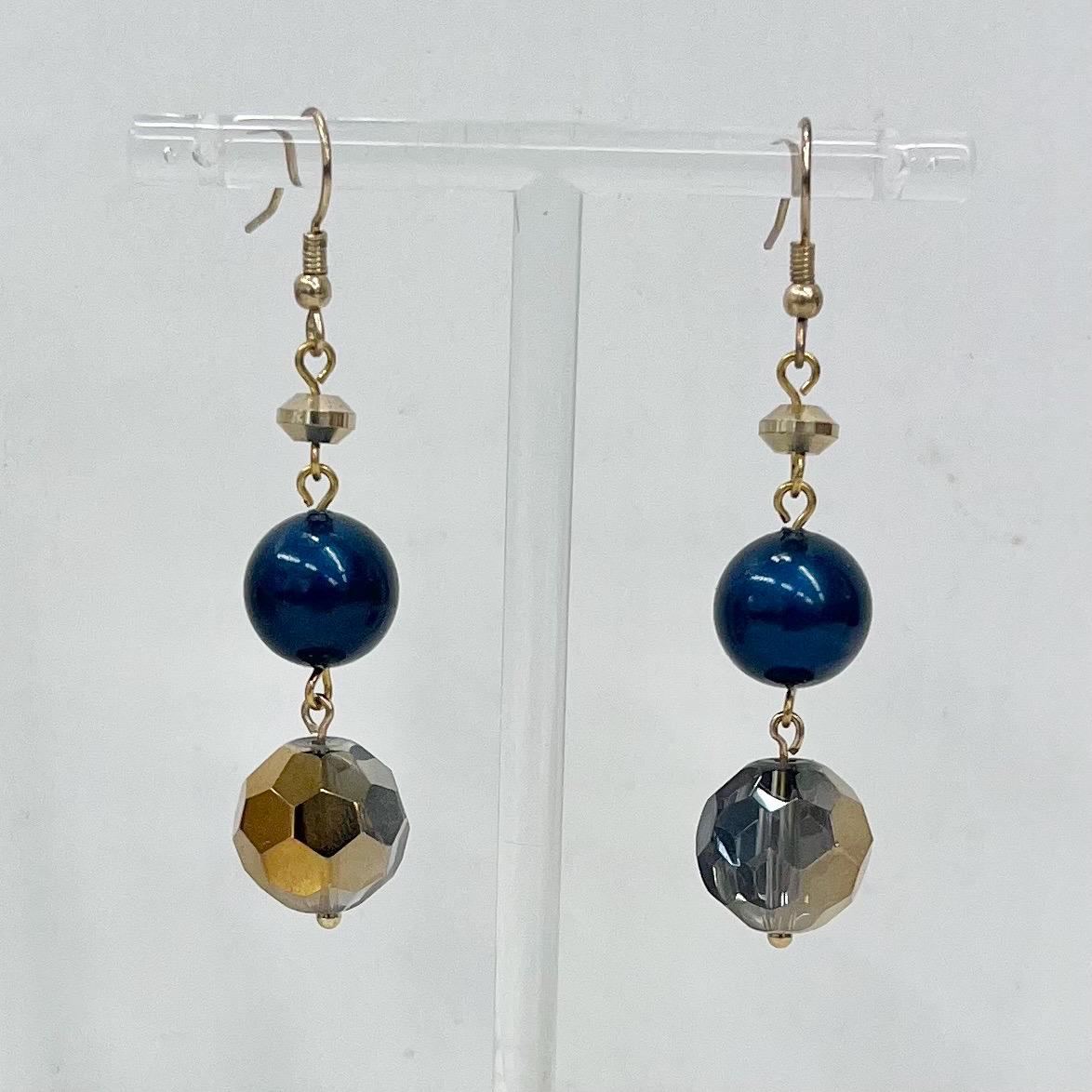 Faceted Crystal & Petrol Blue Pearl Bead Drop Earrings Gold Plate Handmade MillyOliverVintage