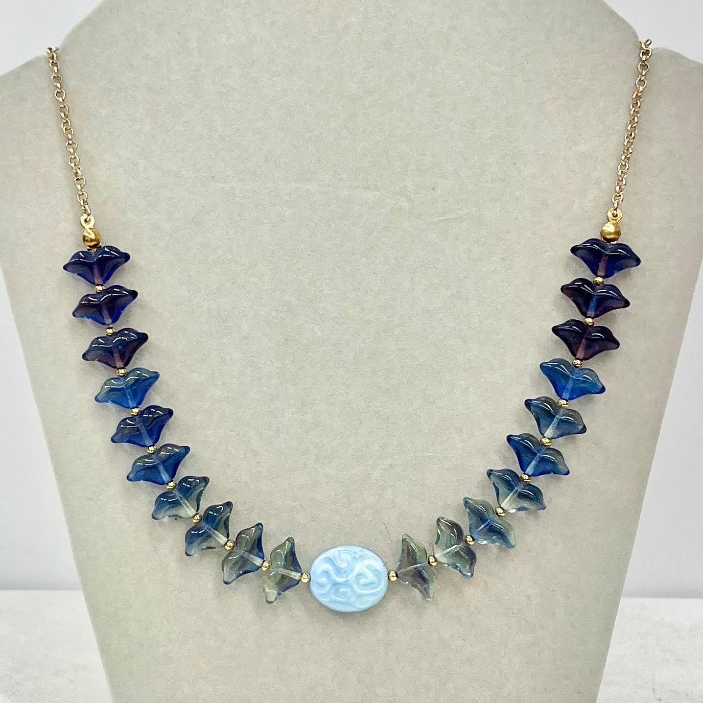 Blue Uranium Glass Bead & Gold Plated Chain Necklace Bright Green Under UV Light Handmade 17” with a 2” Extender MillyOliverVintage