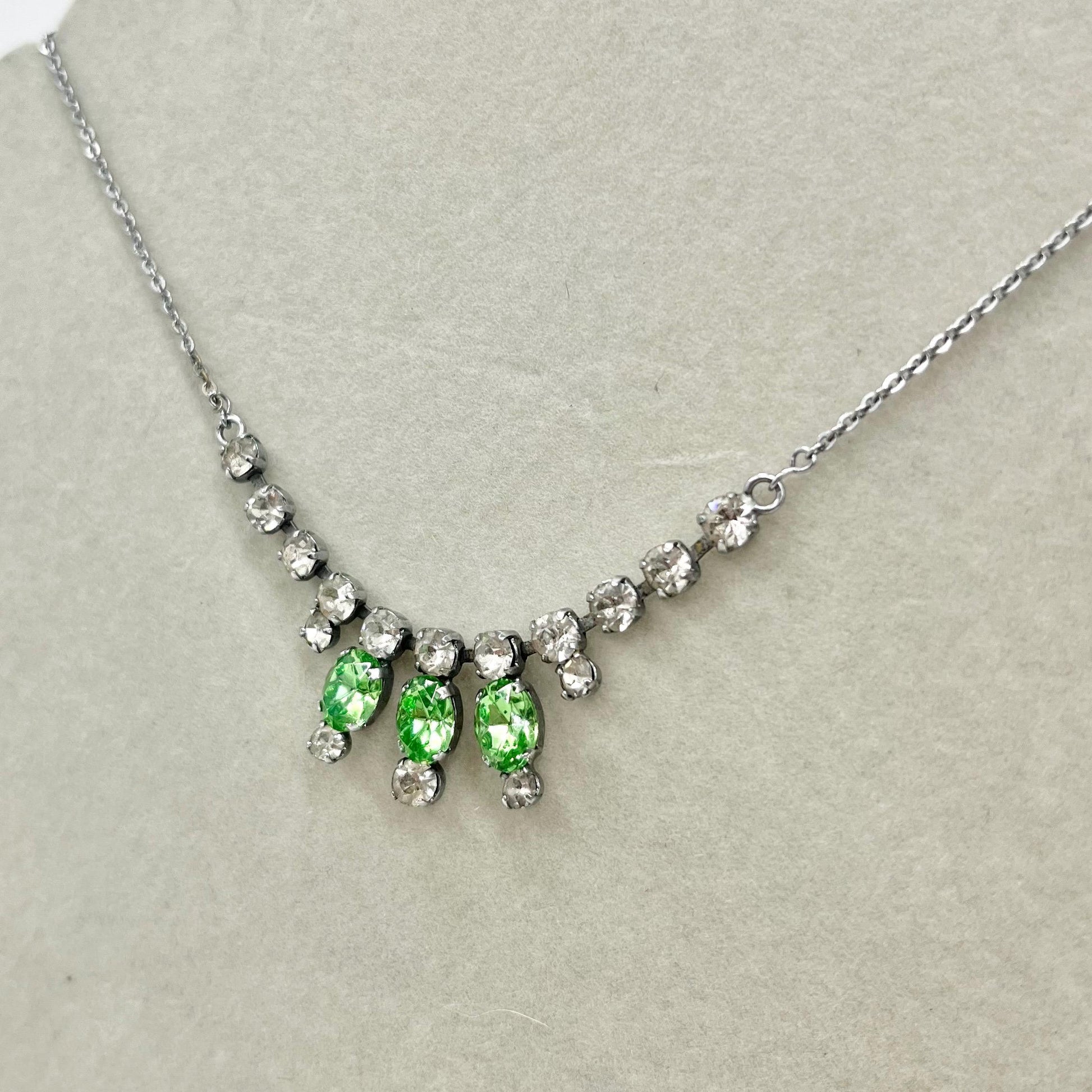 Vintage Green Uranium Glass Crystal Trio Drop Necklace Silver Tone Metal UV Reactive Glow MillyOliverVintage