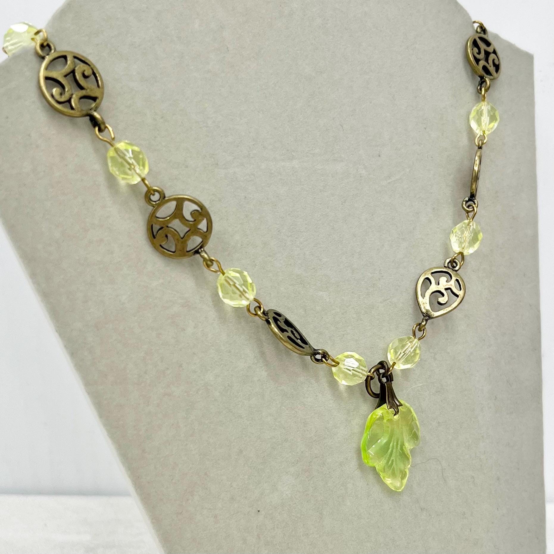 Yellow Uranium Glass Bead Leaf Drop Necklace with Antiques Brass Toned Accents: UV Reactive MillyOliverVintage