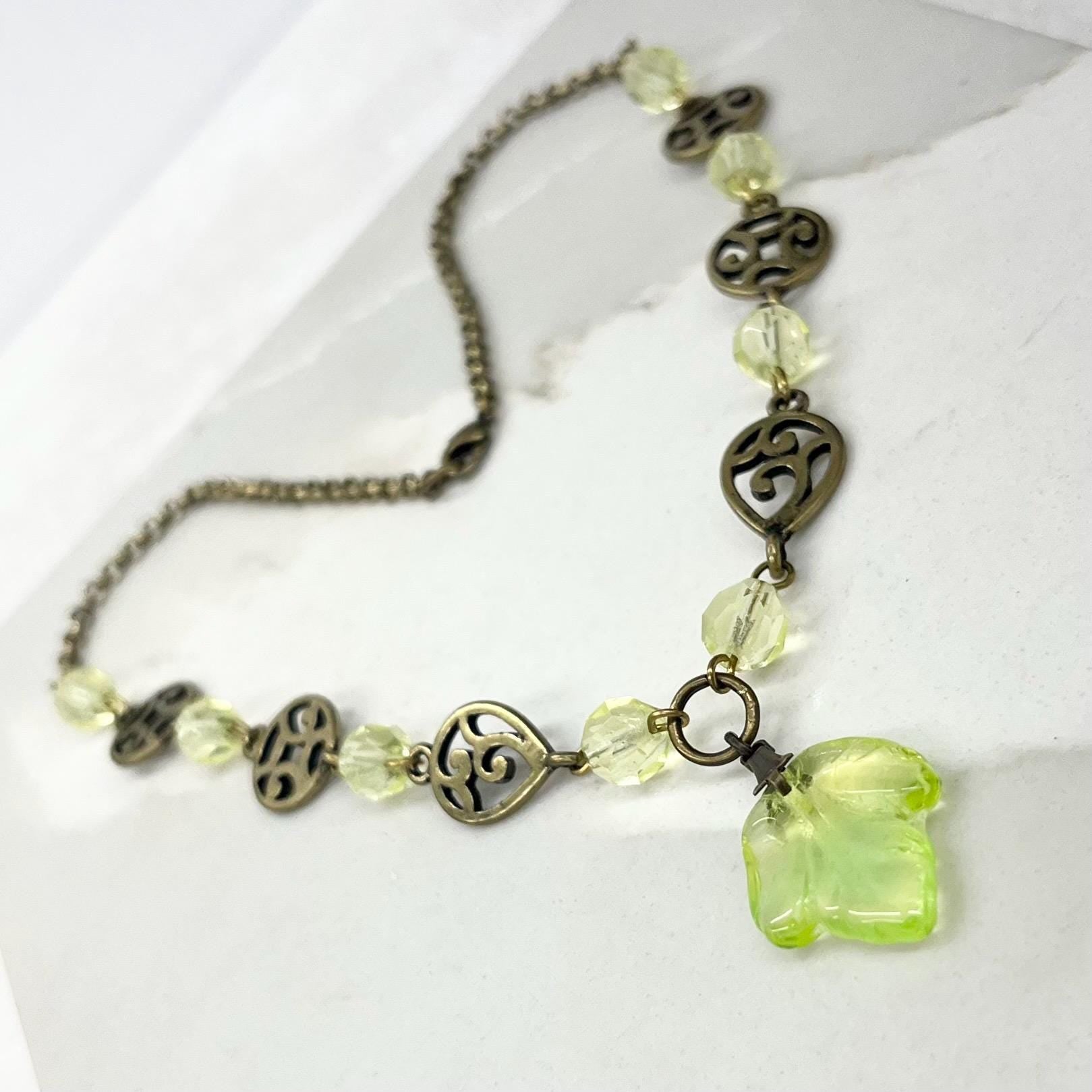 Yellow Uranium Glass Bead Leaf Drop Necklace with Antiques Brass Toned Accents: UV Reactive MillyOliverVintage