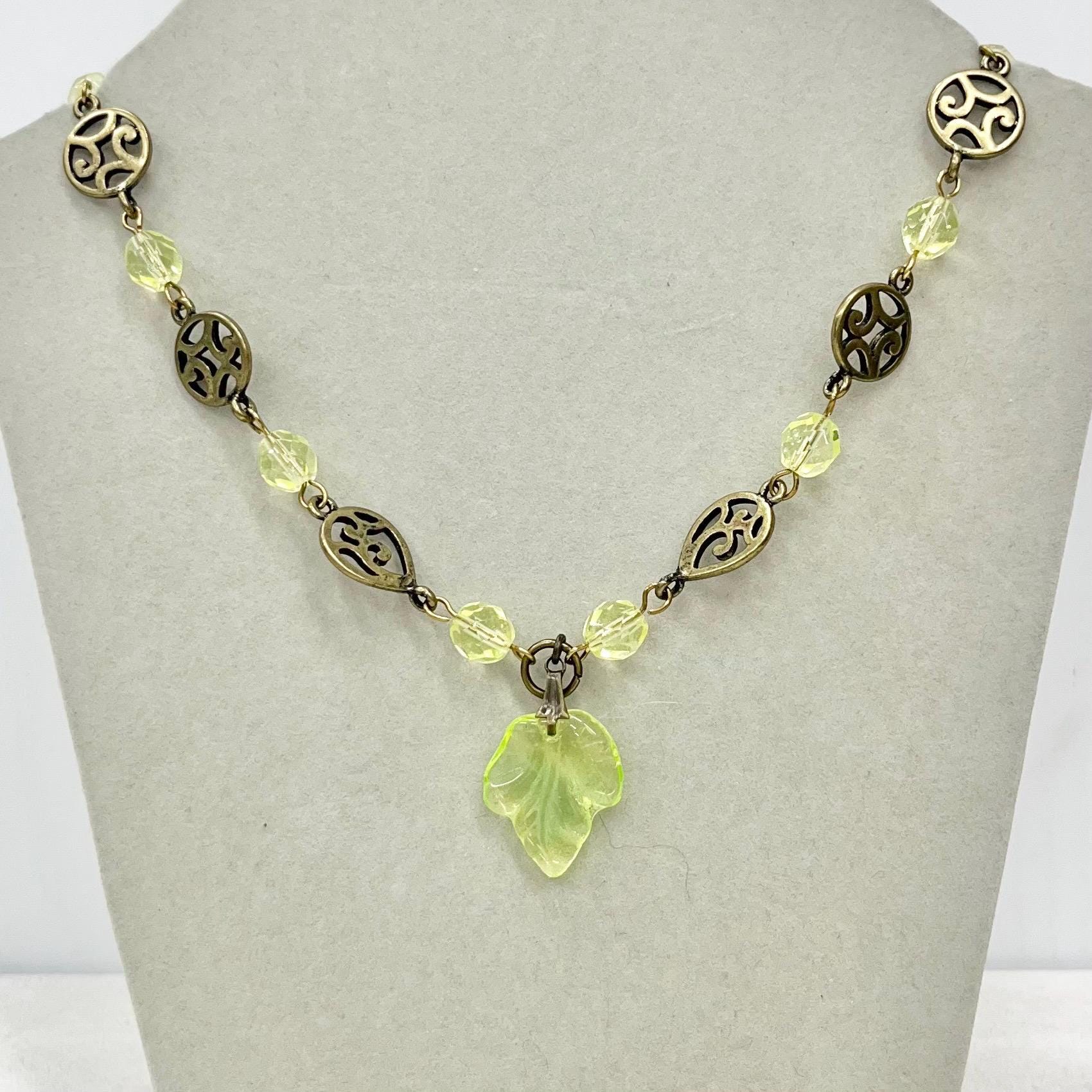 Yellow Uranium Glass Bead Leaf Drop Necklace with Antiques Brass Toned Accents: UV Reactive MillyOliverVintage