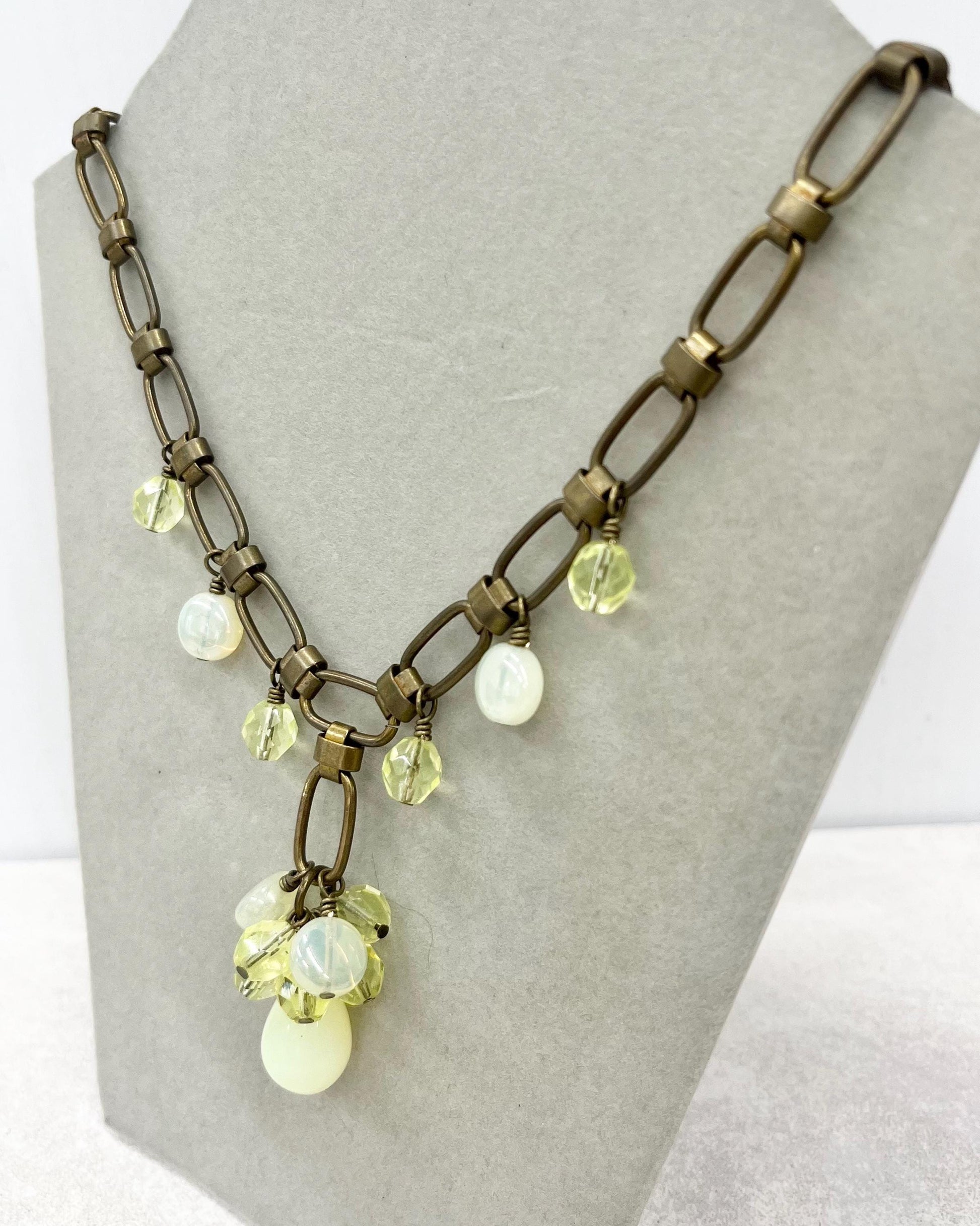 Uranium Glass Bead Cluster Drop Necklace: Yellow Crystal, Brass Tone Chain, UV Reactive MillyOliverVintage