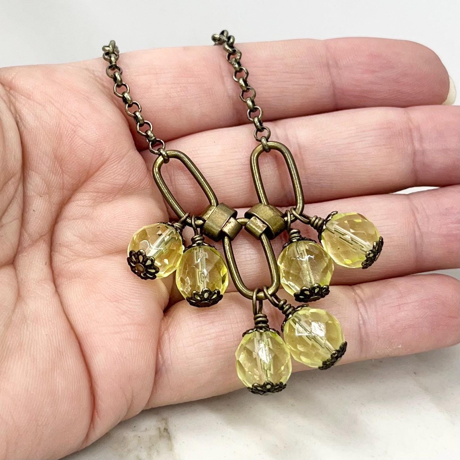 Uranium Glass Bead Drop Necklace: Yellow Crystal, Brass Tone Chain, UV Reactive 16” Long MillyOliverVintage