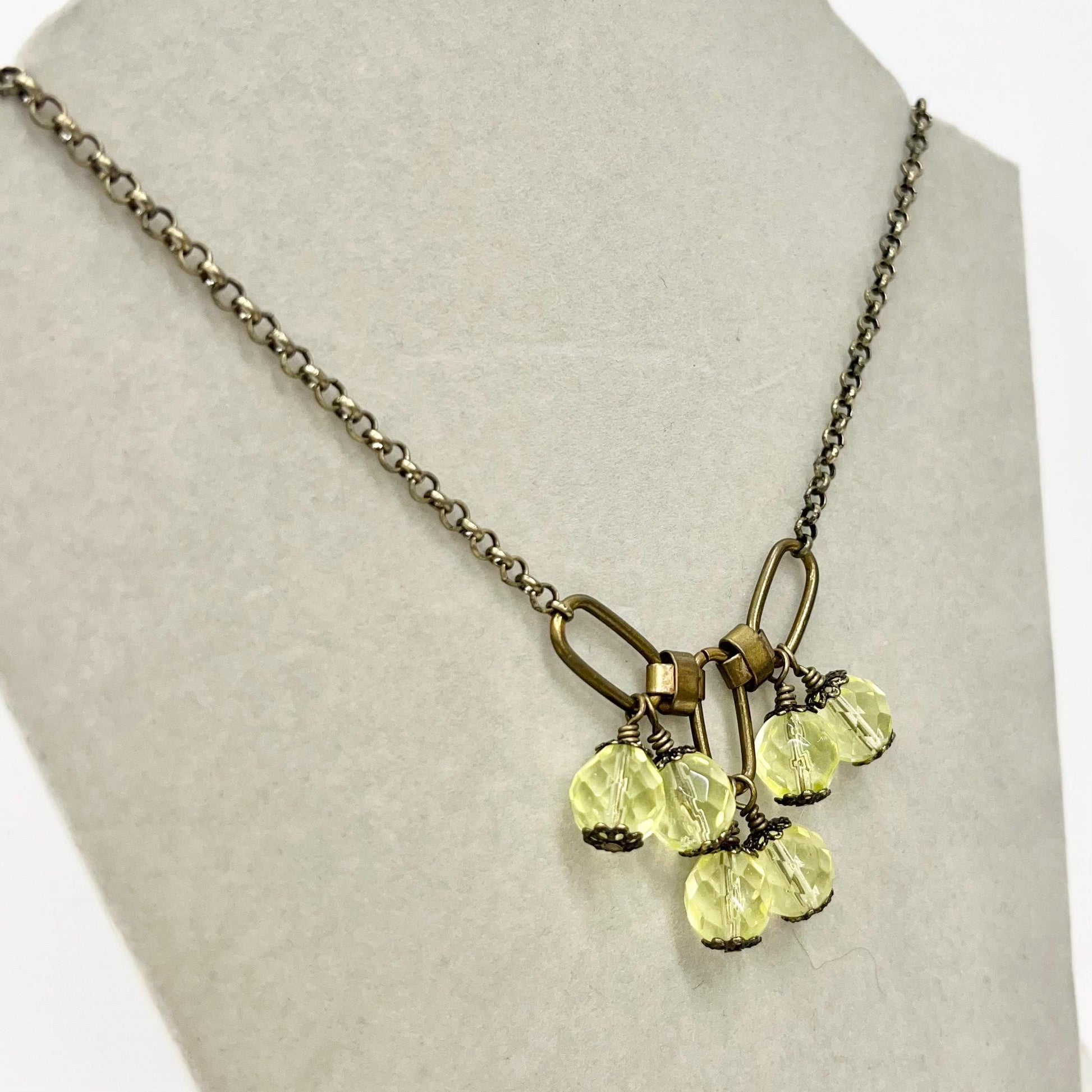 Uranium Glass Bead Drop Necklace: Yellow Crystal, Brass Tone Chain, UV Reactive 16” Long MillyOliverVintage