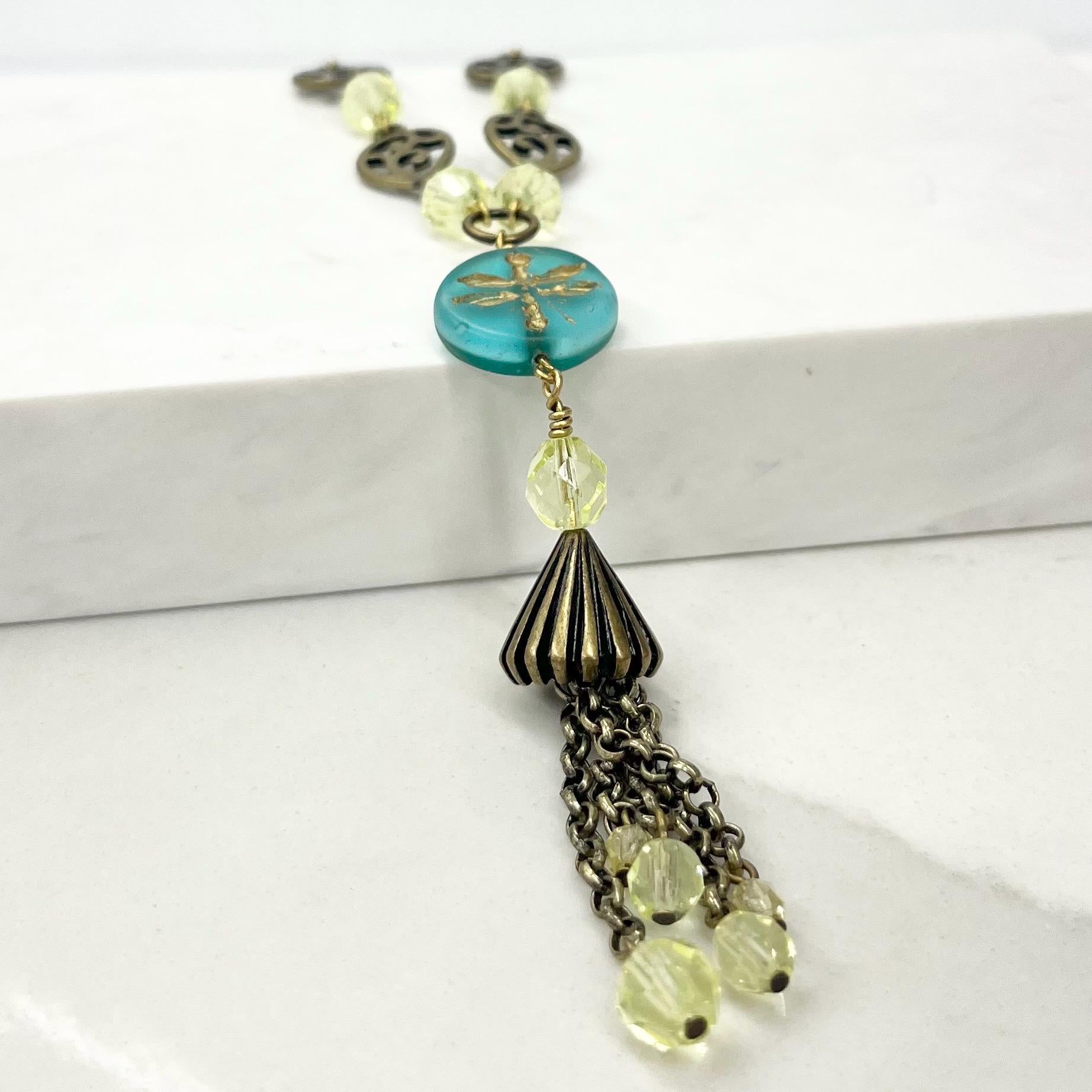 Uranium Glass Dragonfly Bead Tassle Drop Necklace: Yellow Crystal, Brass Tone Chain, UV Reactive 17” Long MillyOliverVintage