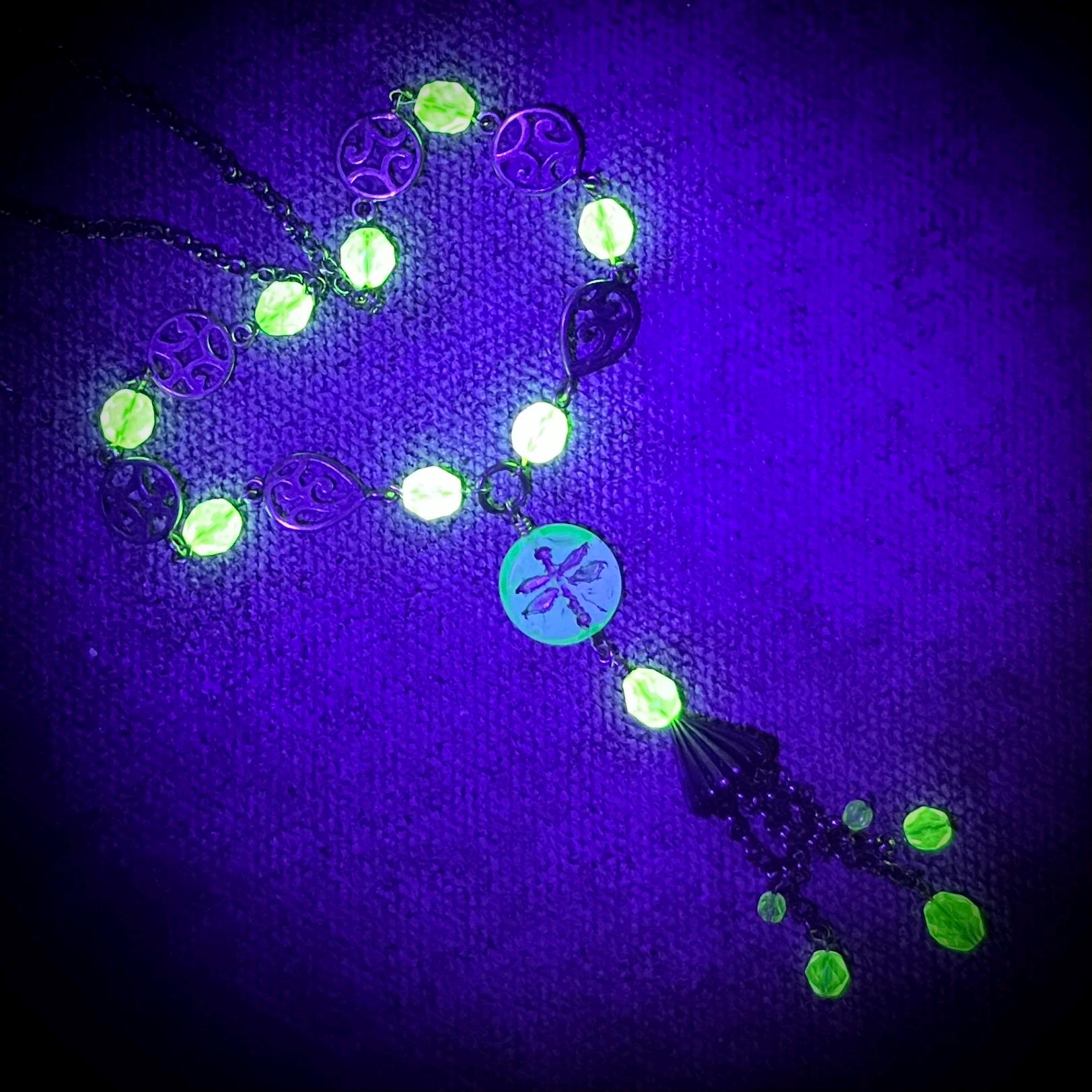 Uranium Glass Dragonfly Bead Tassle Drop Necklace: Yellow Crystal, Brass Tone Chain, UV Reactive 17” Long MillyOliverVintage