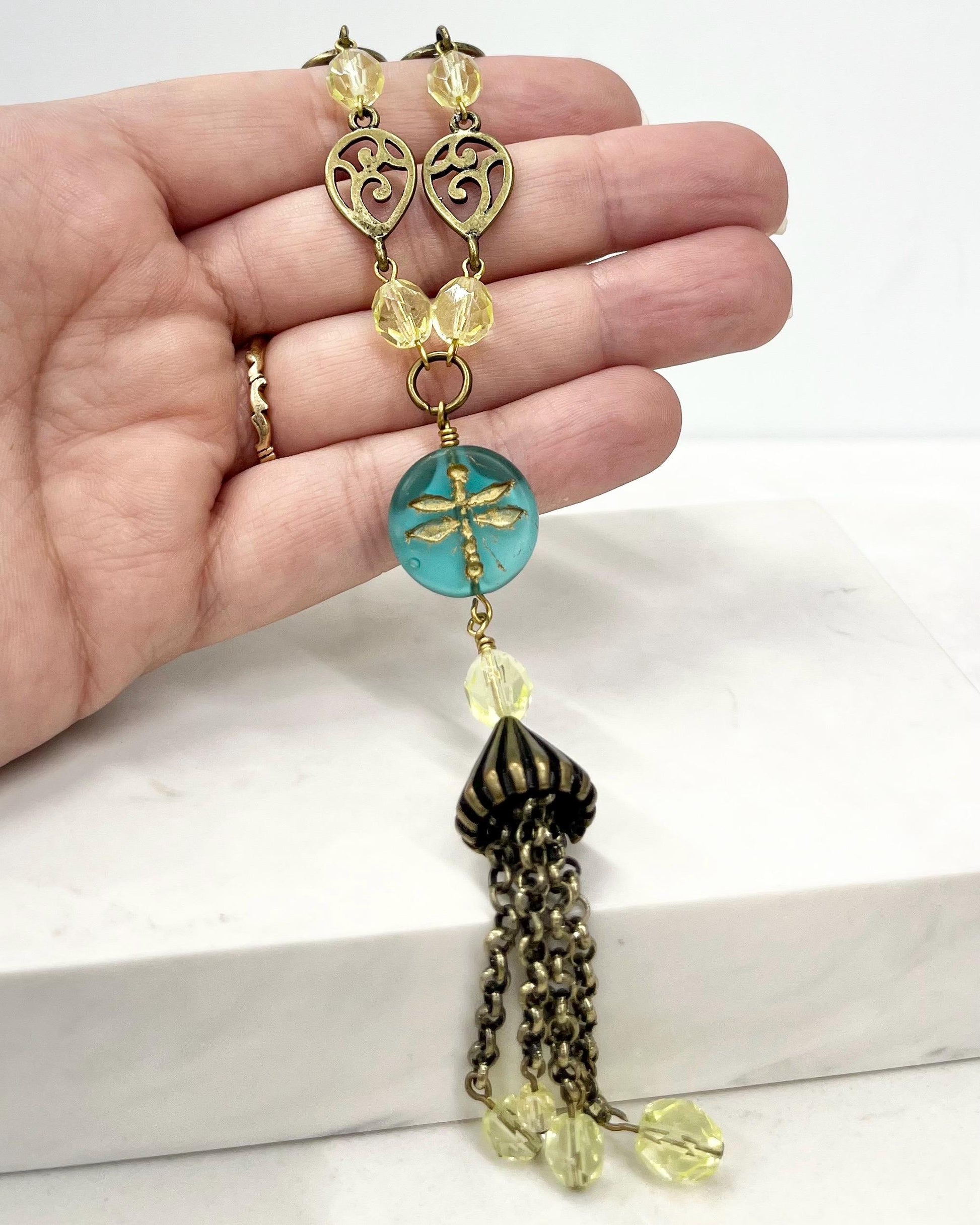 Uranium Glass Dragonfly Bead Tassle Drop Necklace: Yellow Crystal, Brass Tone Chain, UV Reactive 17” Long MillyOliverVintage