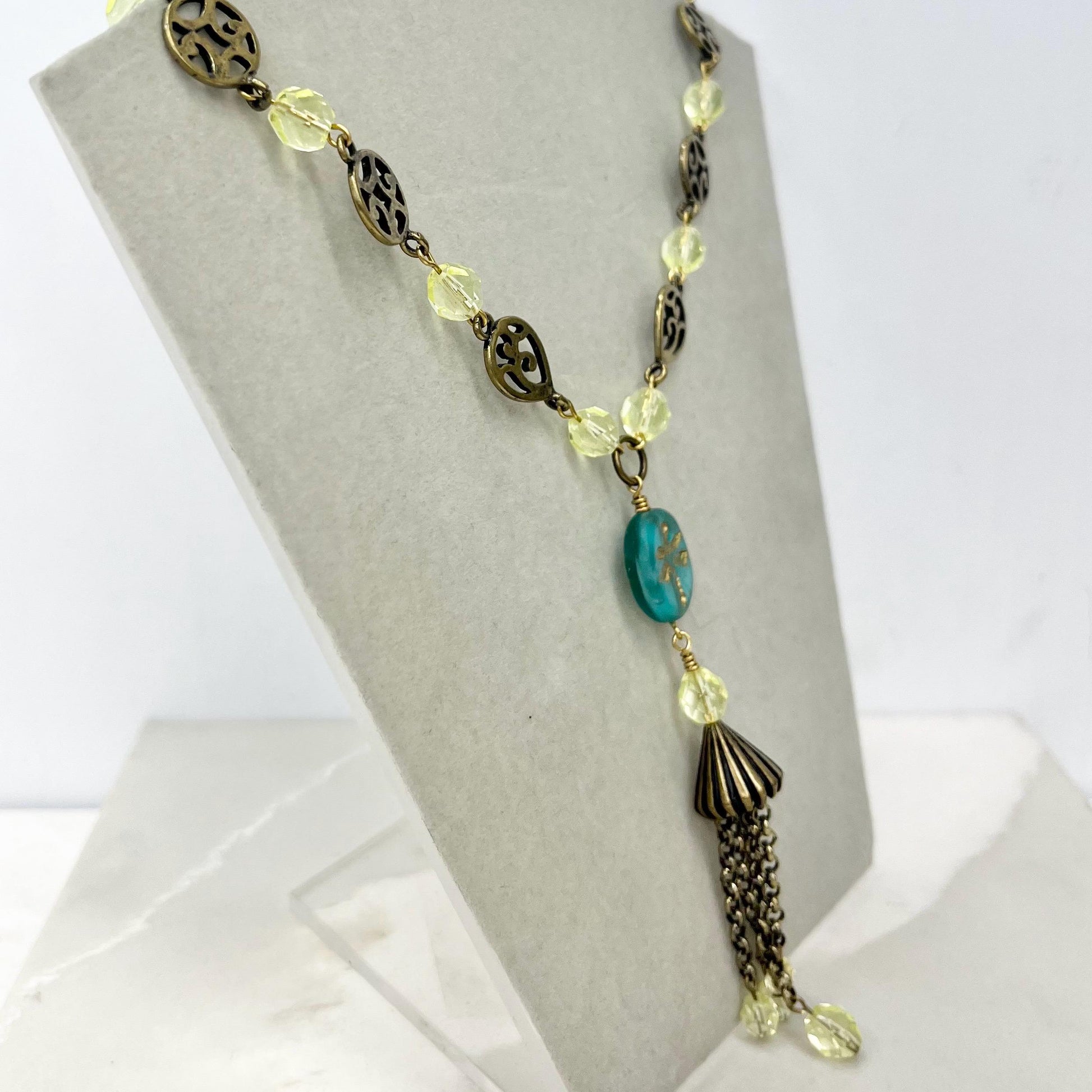 Uranium Glass Dragonfly Bead Tassle Drop Necklace: Yellow Crystal, Brass Tone Chain, UV Reactive 17” Long MillyOliverVintage