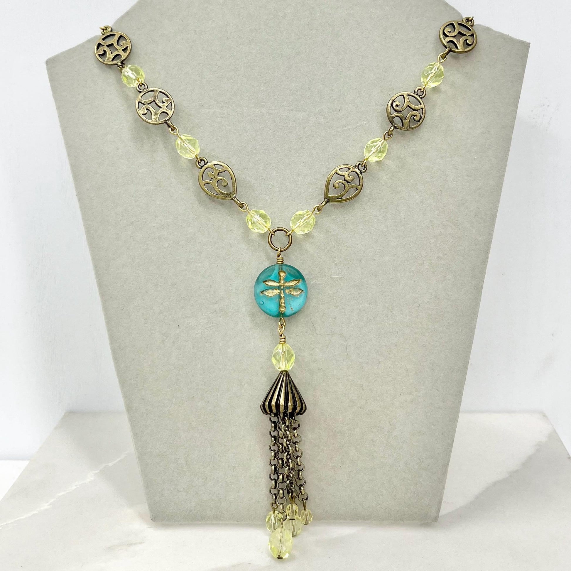 Uranium Glass Dragonfly Bead Tassle Drop Necklace: Yellow Crystal, Brass Tone Chain, UV Reactive 17” Long MillyOliverVintage