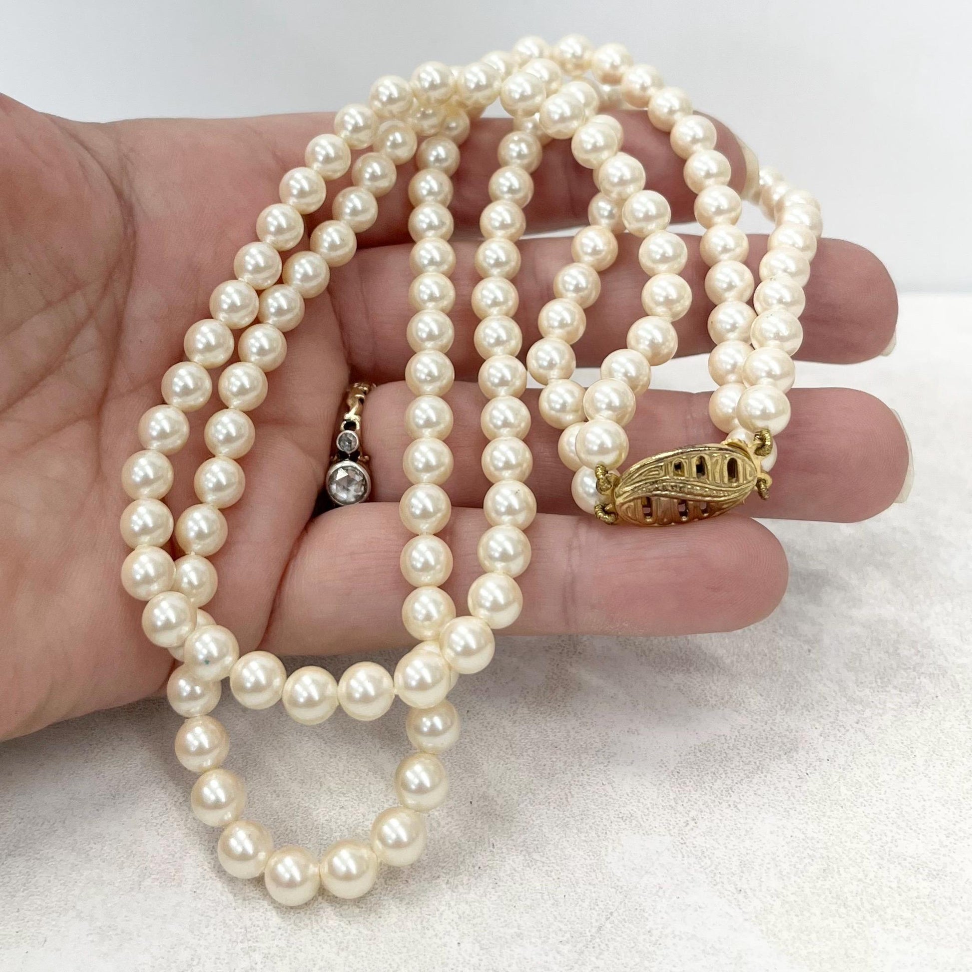 Vintage Two Strand Glass Pearl Bead Necklace with a Gilt Sterling Silver Ornate Clasp MillyOliverVintage