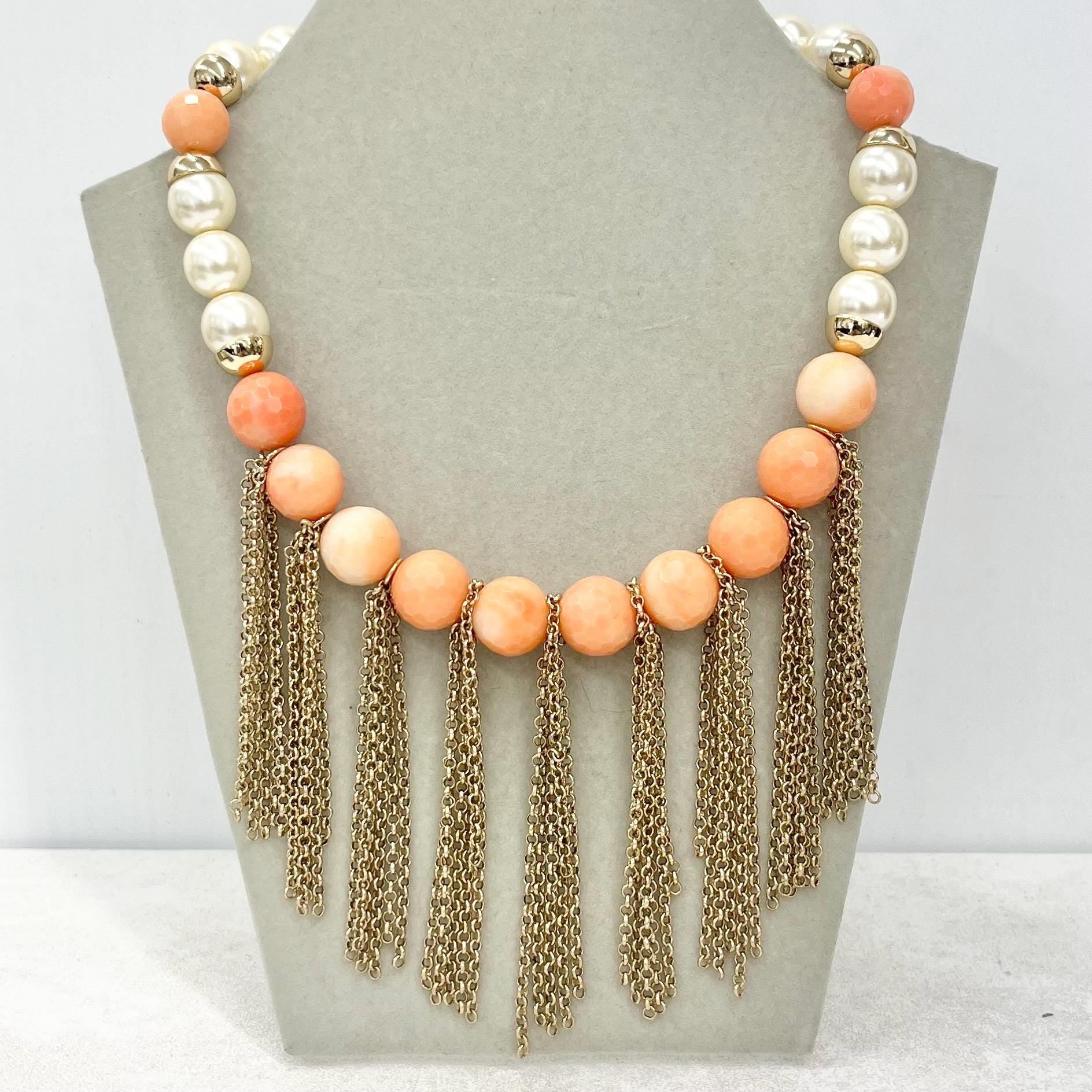Faceted Pink Coral Bead Necklace with Glass Pearls & Chain Drops 16” Long with a 3” Extender Chain MillyOliverVintage