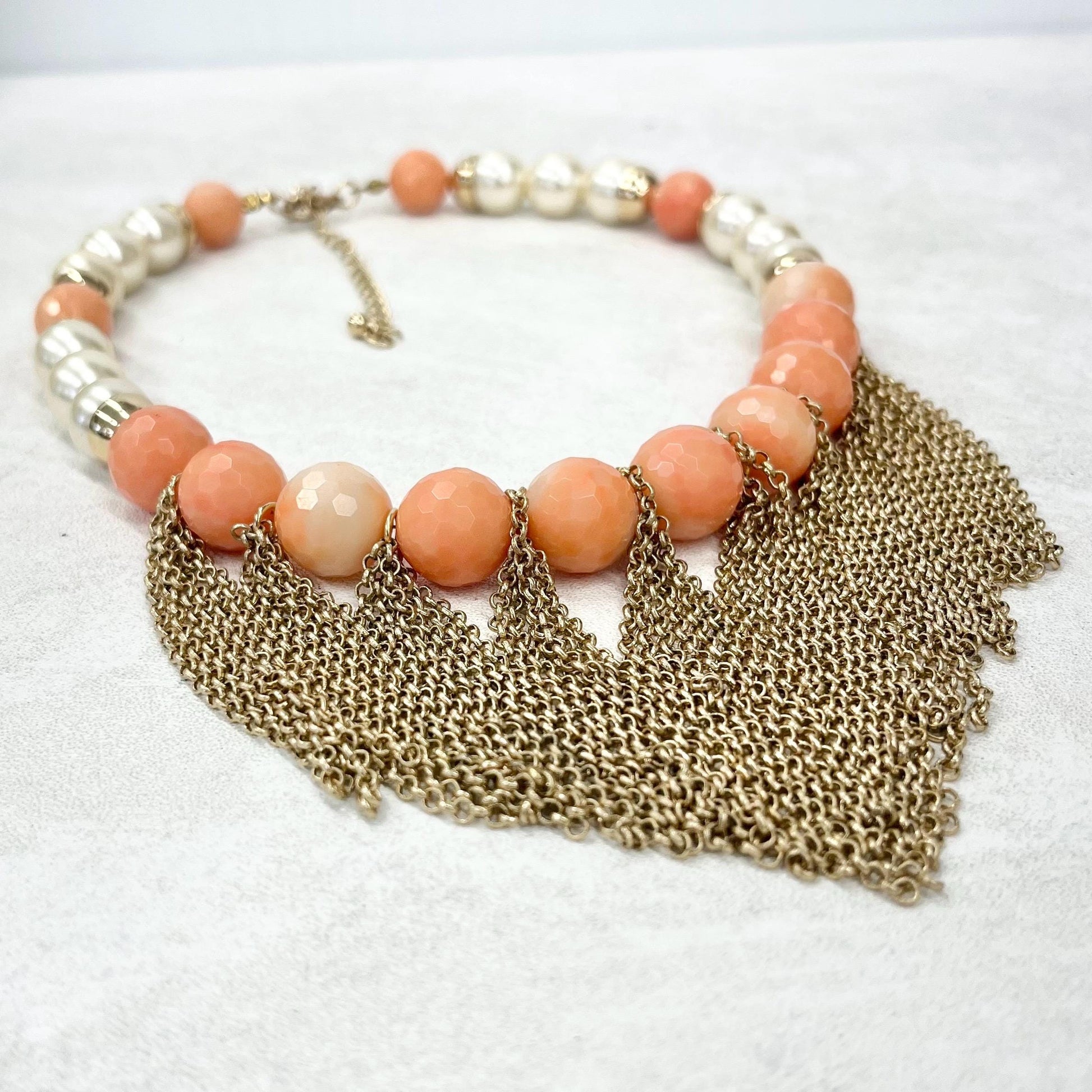 Faceted Pink Coral Bead Necklace with Glass Pearls & Chain Drops 16” Long with a 3” Extender Chain MillyOliverVintage