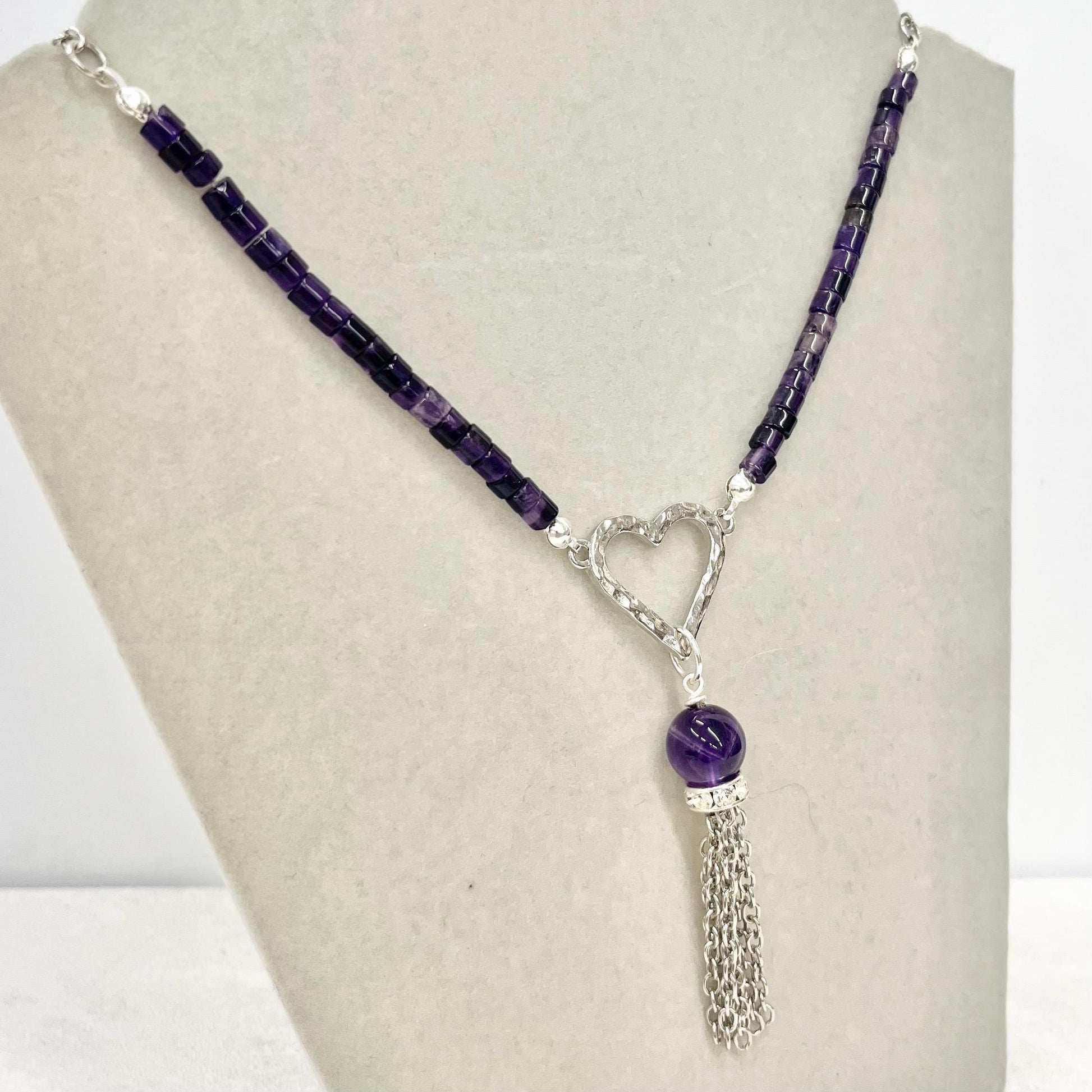 Amethyst Heart Drop Tassle Pendant Necklace Silver Plated Chain - 16” Long Handmade MillyOliverVintage