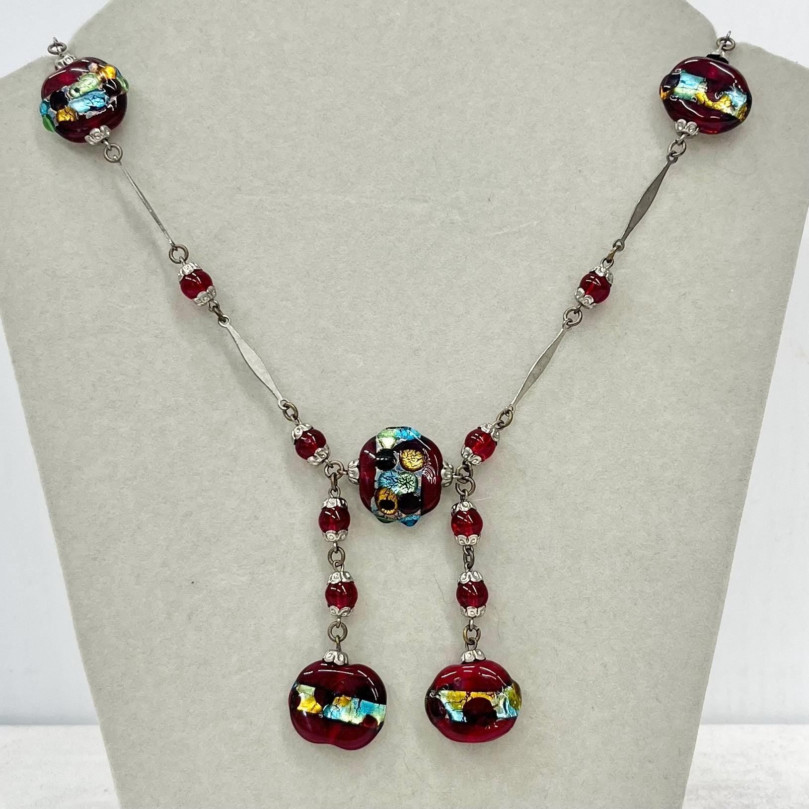 Vintage Venetian Red Dichroic Foil Lampwork Glass Bead Necklace 17” Long Handmade Lampwork Beads MillyOliverVintage