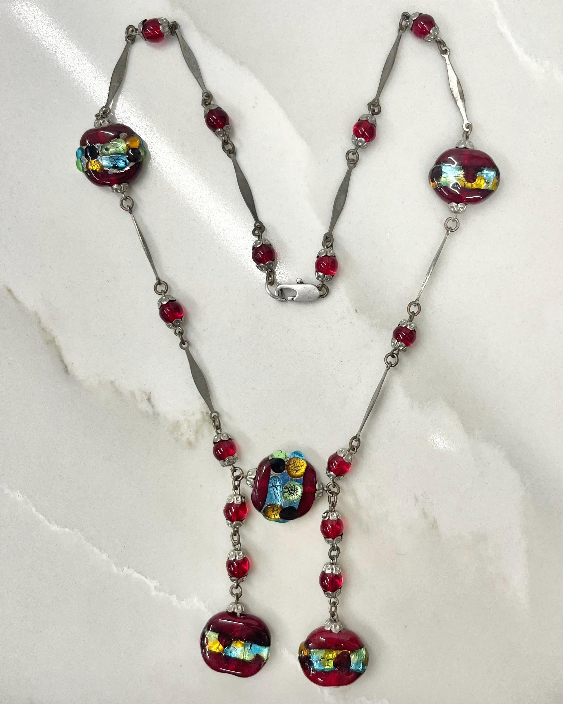 Vintage Venetian Red Dichroic Foil Lampwork Glass Bead Necklace 17” Long Handmade Lampwork Beads MillyOliverVintage