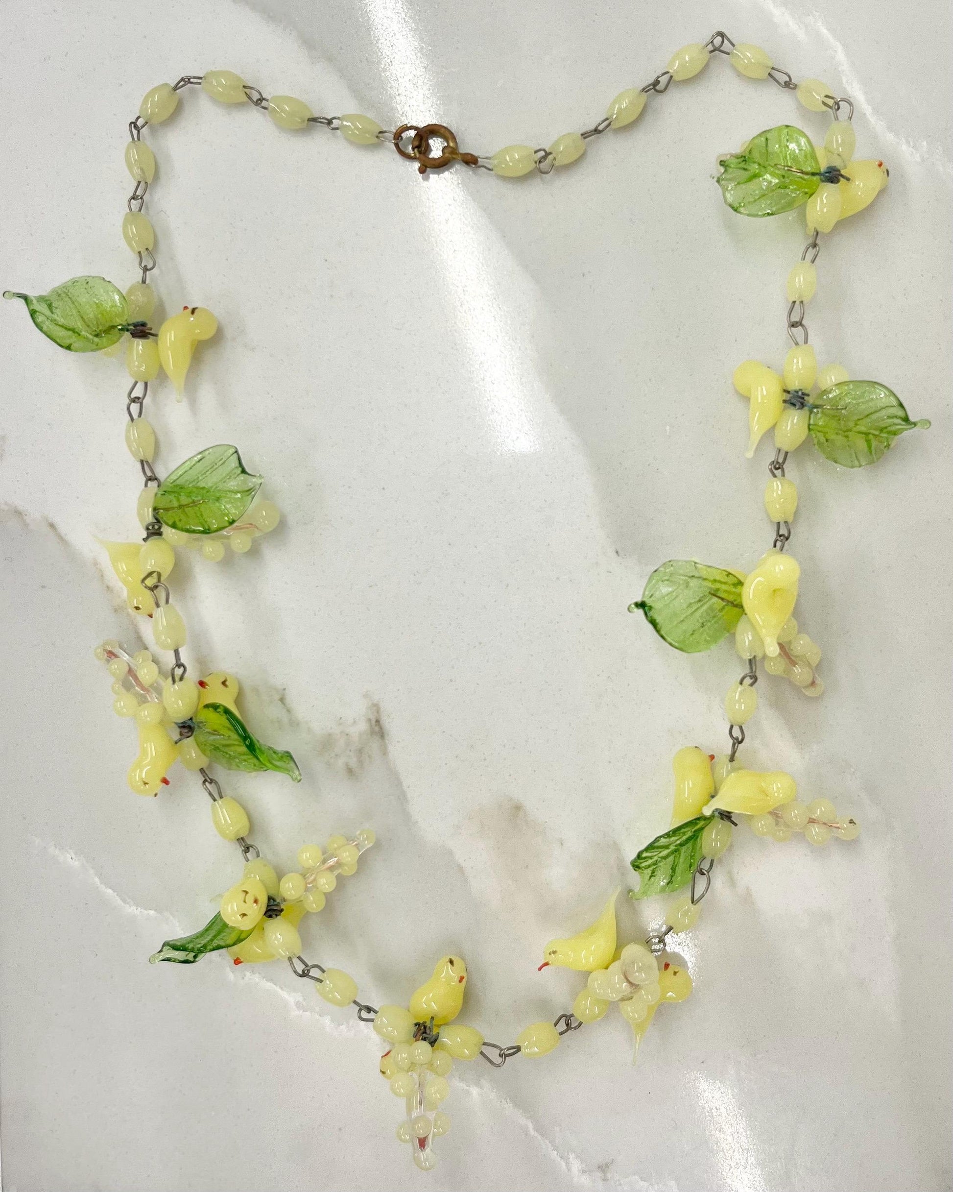 Vintage Italian Handblown Green and Yellow Vaseline Glass Bird & Grape Beaded Murano Necklace MillyOliverVintage