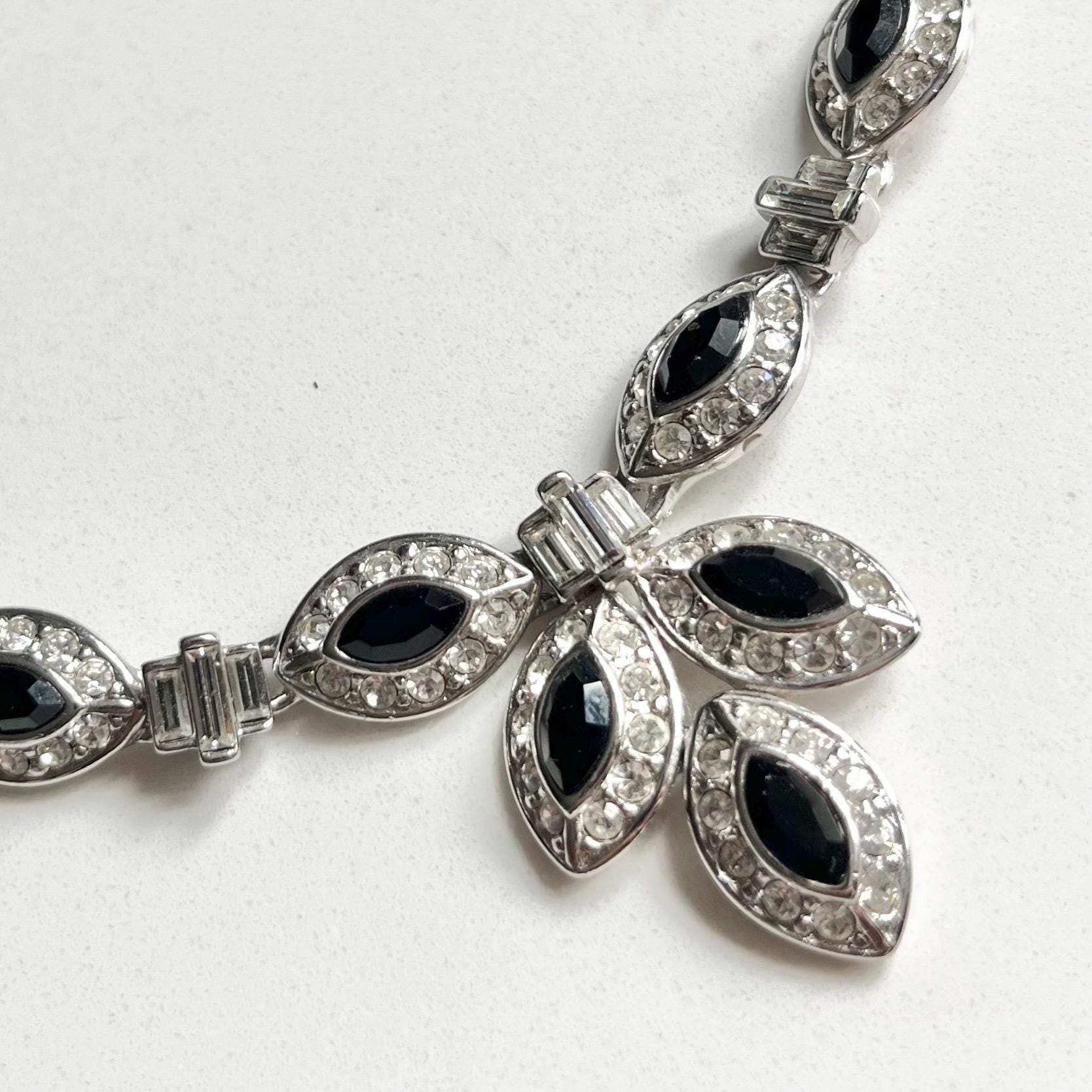 Stunning Vintage Attwood & Sawyer Silver Plate Clear and Black Crystal Paste Diamante Drop Necklace Art Deco Style 17” MillyOliverVintage