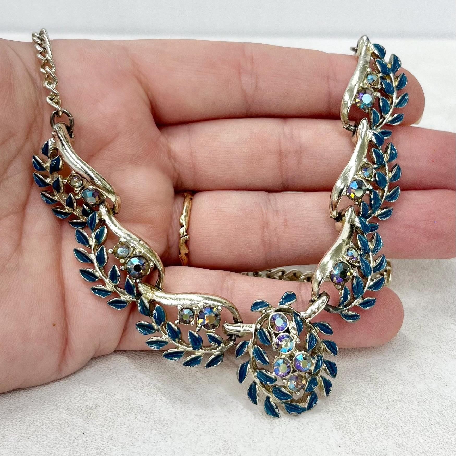 Vintage Exquisite Blue Floral & Leaf Diamante Crystal Necklace - Silver Tone Enamel, 1970s MillyOliverVintage